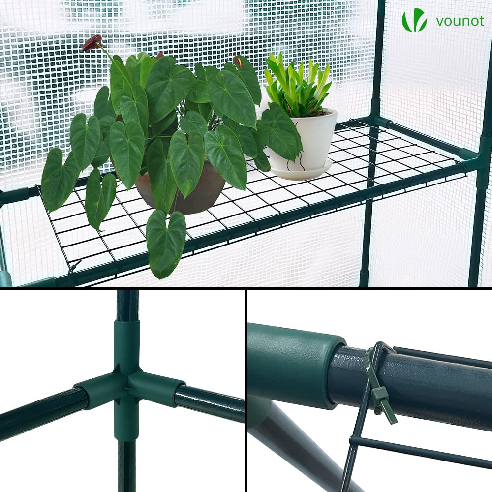 VOUNOT? Walk In Greenhouse with Shelves, Roll up Zip Panel Door Garden Plastic Polytunnels Grow House for Outdoor Use, White 143x143x195cm