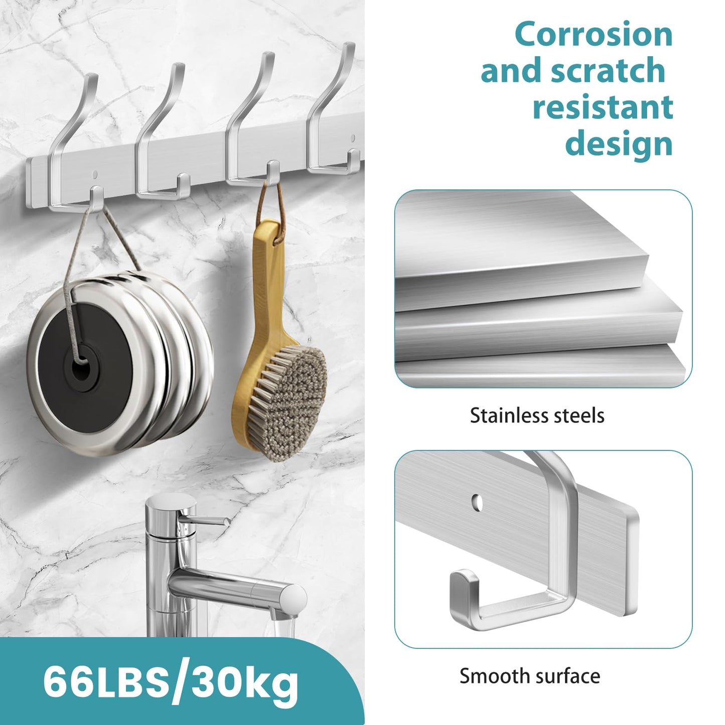 MEIJO Coat Hooks Wall Mounted Stainless Steel, Silver Coat Rack Wall Mounted with 8 Hooks Heavy Duty Coat Hooks for Door, Bathroom, Bedroom, Kitchen
