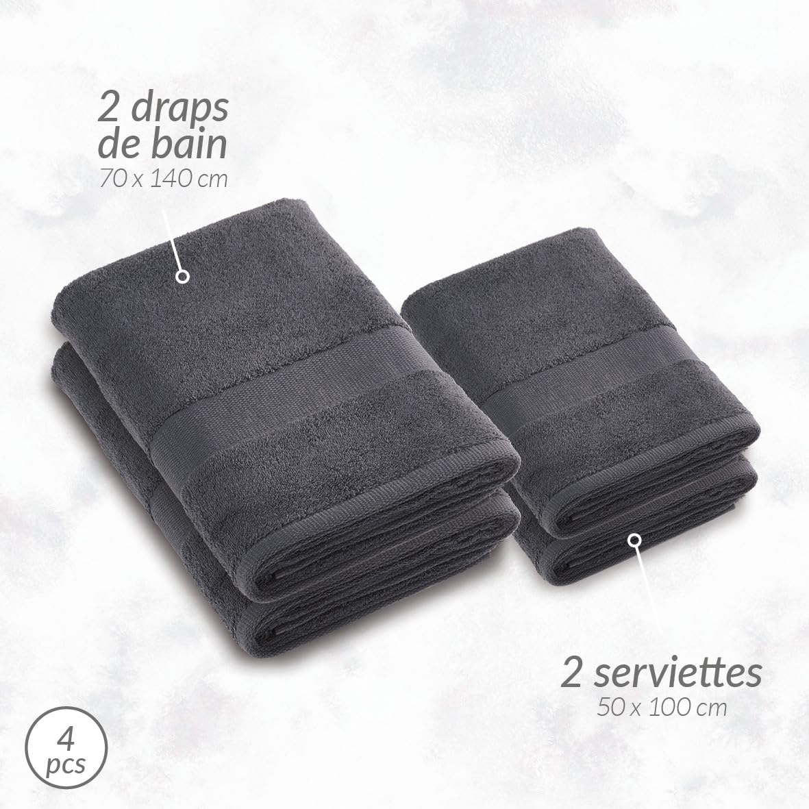 Pure Cotton - Set of 2 Towels & 2 Bath Sheets - Combed Cotton Terry Cloth - Standard 100 Oeko-TEX - Washable 40°C - 2 x 50 x 100 cm