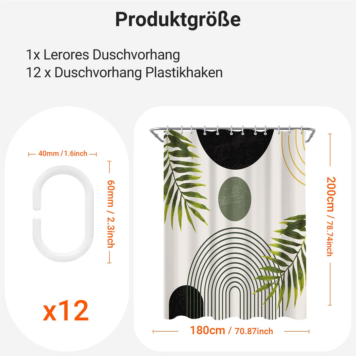 Shower Curtain, 180 x 200 cm, Black Leaves Line, Weighted Hem, Anti-Mould Textile, Water-Repellent