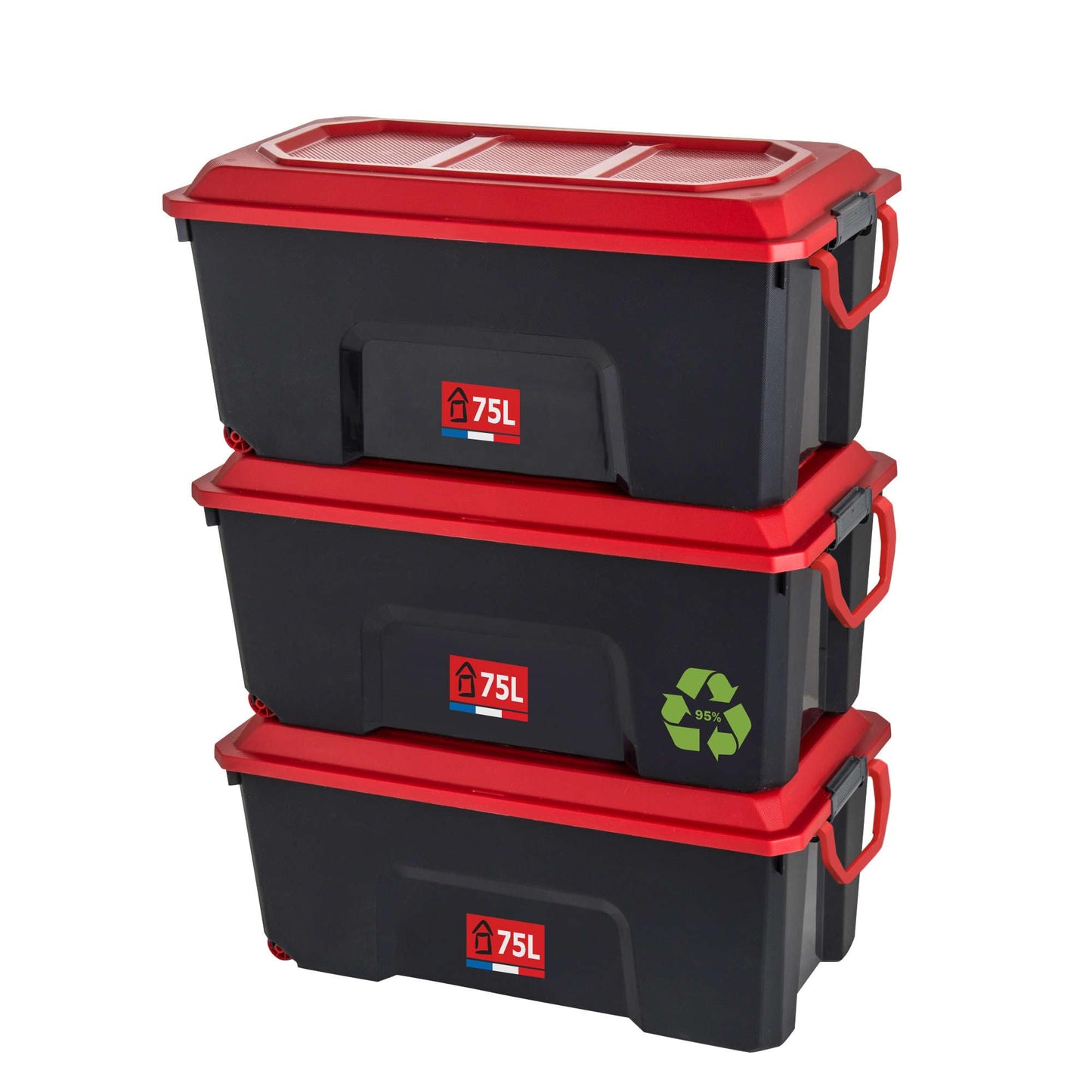 Sundis Locker Set of 3 Storage Boxes with Lids, 75 L, with Clips, Made of Recycled Plastic, Reinforced, Stackable, Ideal for Workshop, Transport