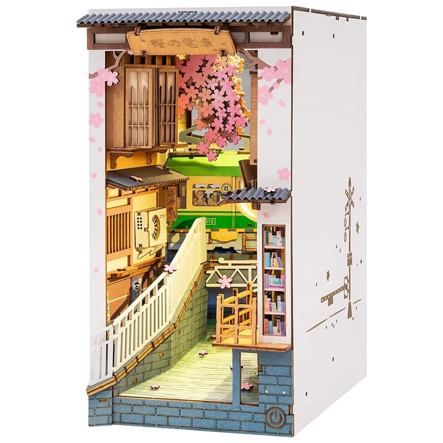 Rolife Sakura Densya Book Nook Kits for Adults DIY Miniature Kit with Light for Desk Library Bookshelf Decoration 3D Wooden Puzzle Booknook Model Kits
