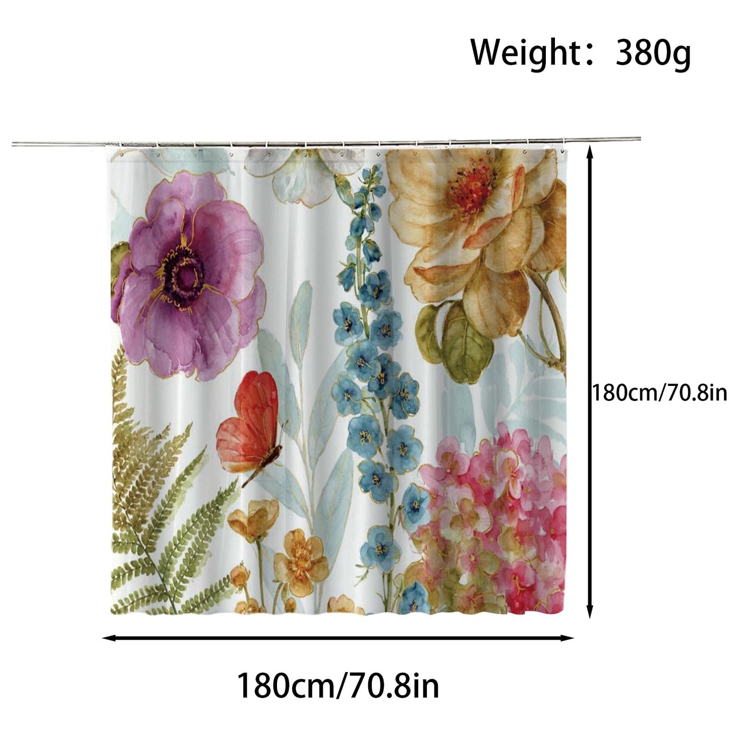 FAIRYGATE Extra Wide Shower Curtain Spring Floral Flower Green Leaves Bathroom Curtain 180 x 180 cm Waterproof Mildew & Mould Resistant Polyester