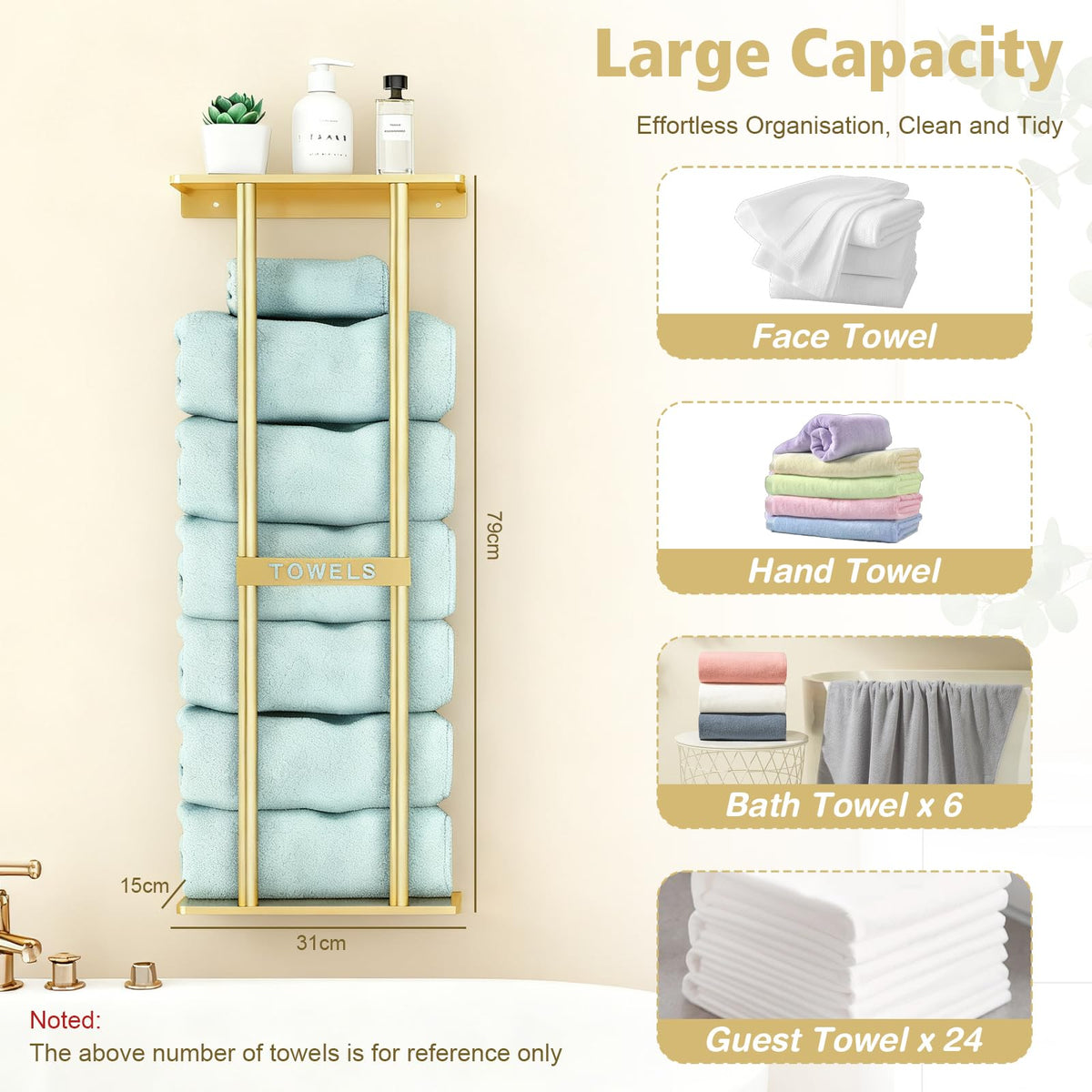 Gold Towel Rack Wall Mounted Large Bathroom Towel Holder with Shelf