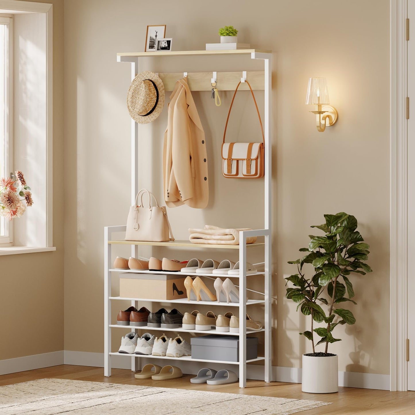 HOOBRO Coat Stand, Coat Rack with Shoe Storage, Industrial Hall Tree, Large Hall Stand, 5 Removable Hooks, Wood Accent Top Shelf