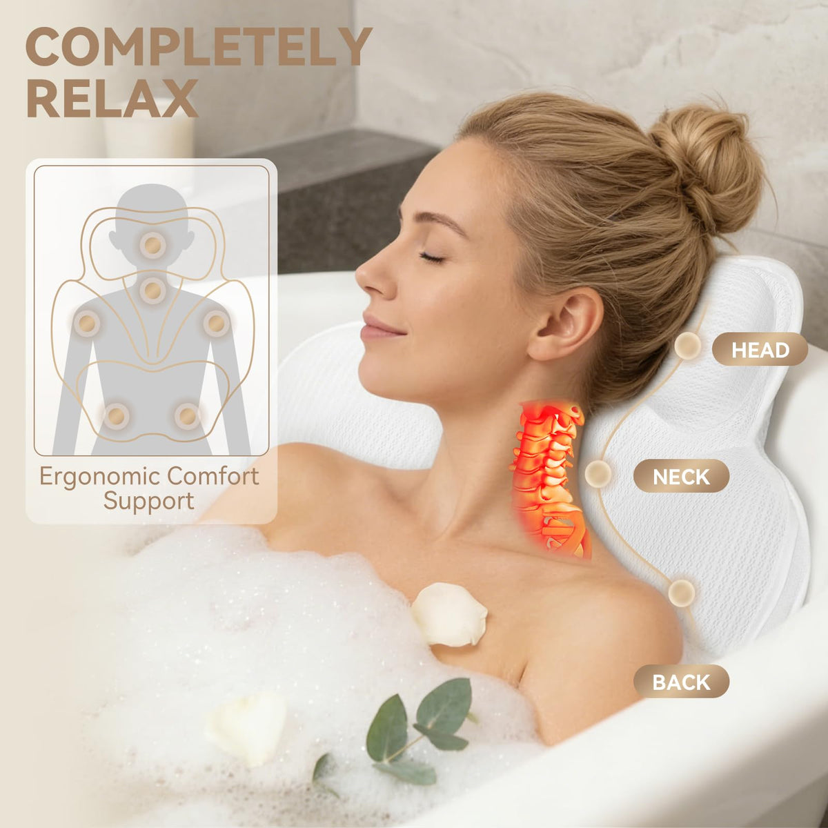 Poemland Bath Pillow for Tub - Luxury Bath Pillow for Neck, Head & Back Support, Soft 5D Mesh Quick Dry Fabric, 54 Non-Slip Suction Cups