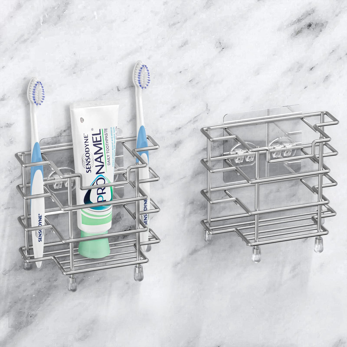 Linkidea 2 Pack Toothbrush Holders Wall Mounted, 3 Slots Bathroom Shower Organizer Stand, Stainless Steel Ventilated Countertop Rack for Toothpaste