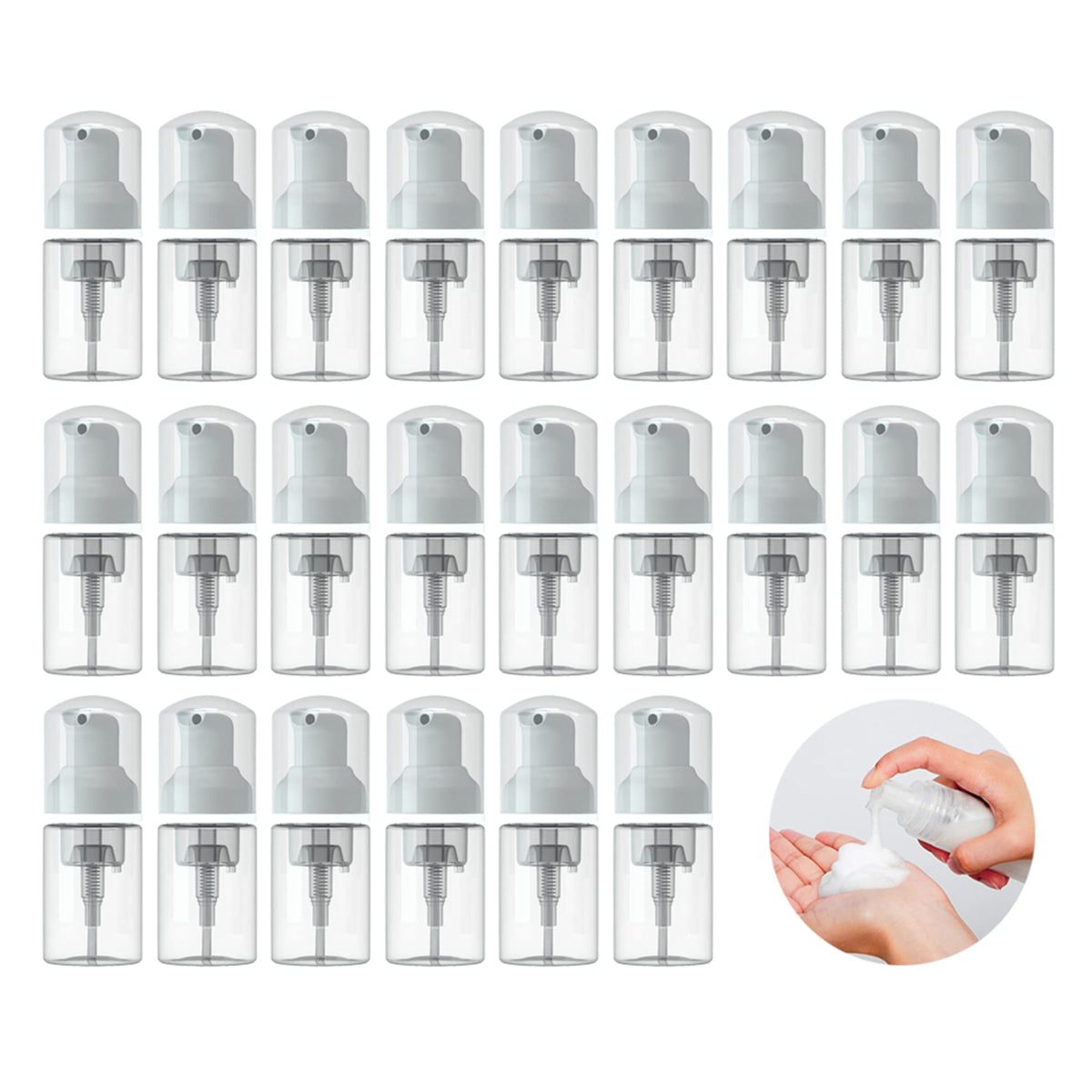 INCETUE 24 Pcs Small Foam Pump Bottles, 30ml Travel Lash Shampoo Bottle, Portable Mini Empty Foaming Soap Dispenser, Refillable Plastic Hand Lotion