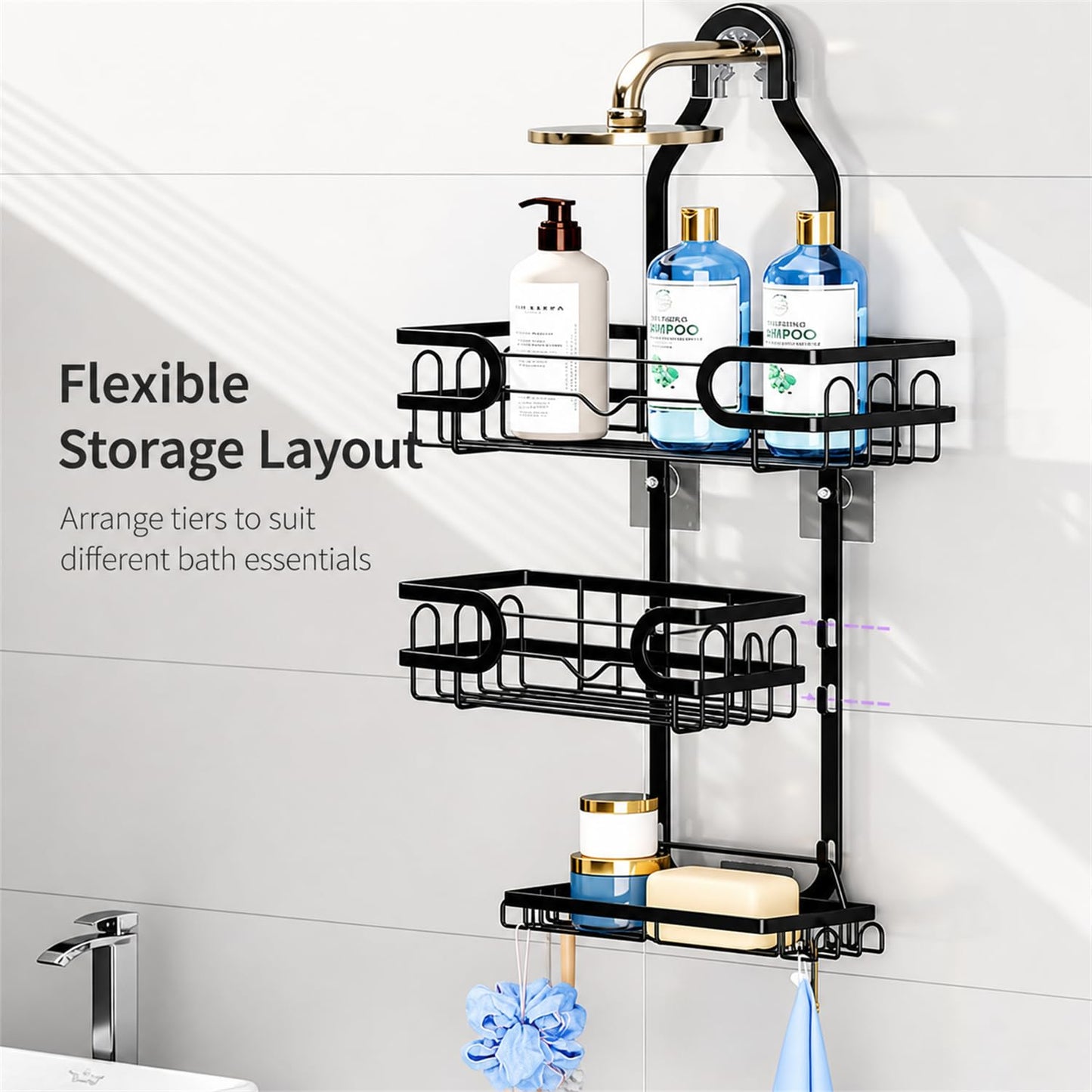 Trlyane Shower Caddy Hanging, Over Shower Head Organiser 3 Tier, Black