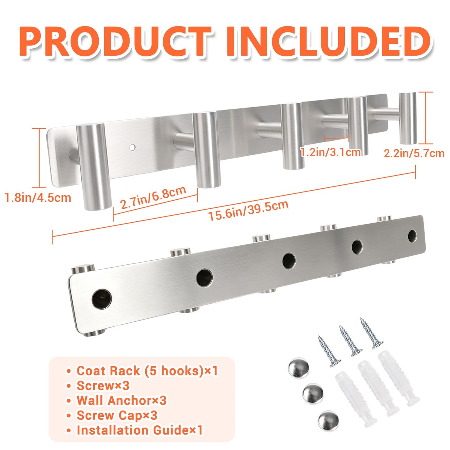 TOEKSIX Silver Steel Wall Coat Rack 15.6in, 5 Hooks for Bathroom Bedroom