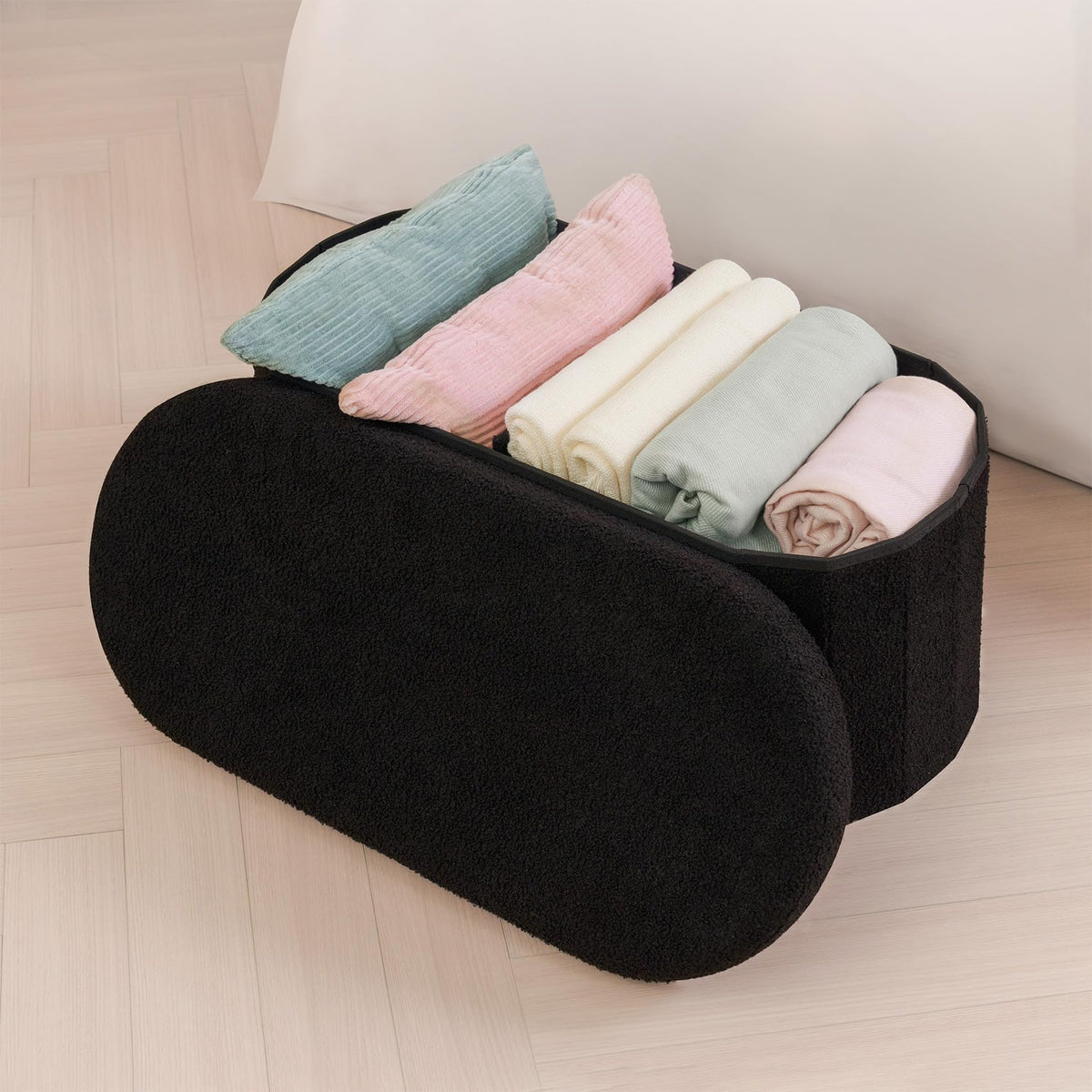 Bonlife Folding Ottoman Storage Bench,Boucle Footstool Oval, End of Bed Stool, Ideal for Living Room, Bedroom,76x38x38cm,Black