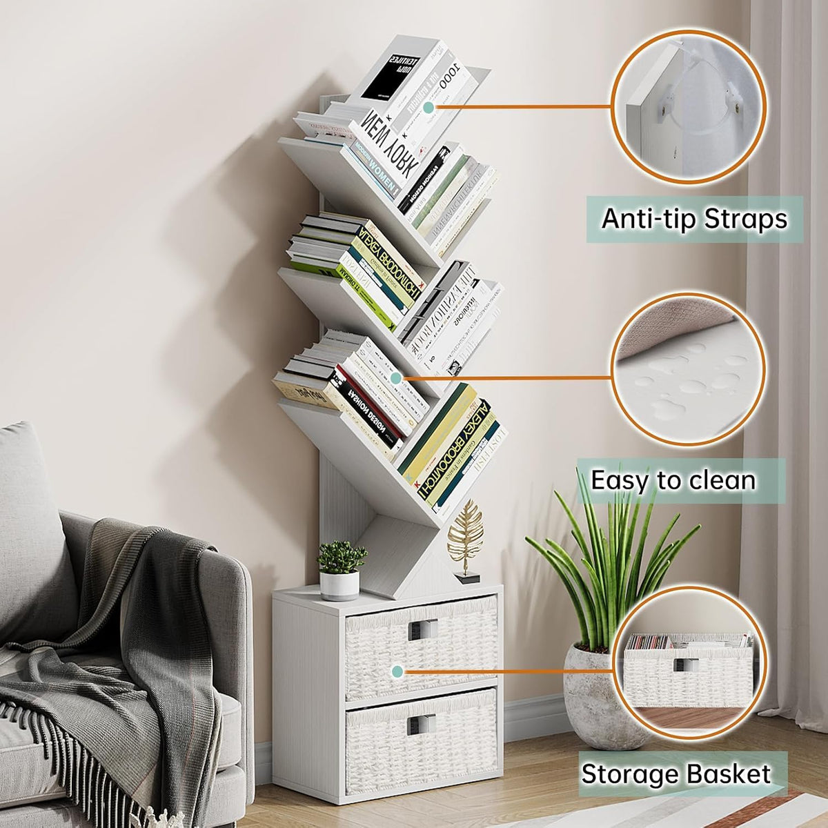 Vagusicc 6 Tier Tree Bookshelf, Modern Floor Standing Bookcase with Storage Drawer, Space Saving Storage Organizer Book Shelves for Books