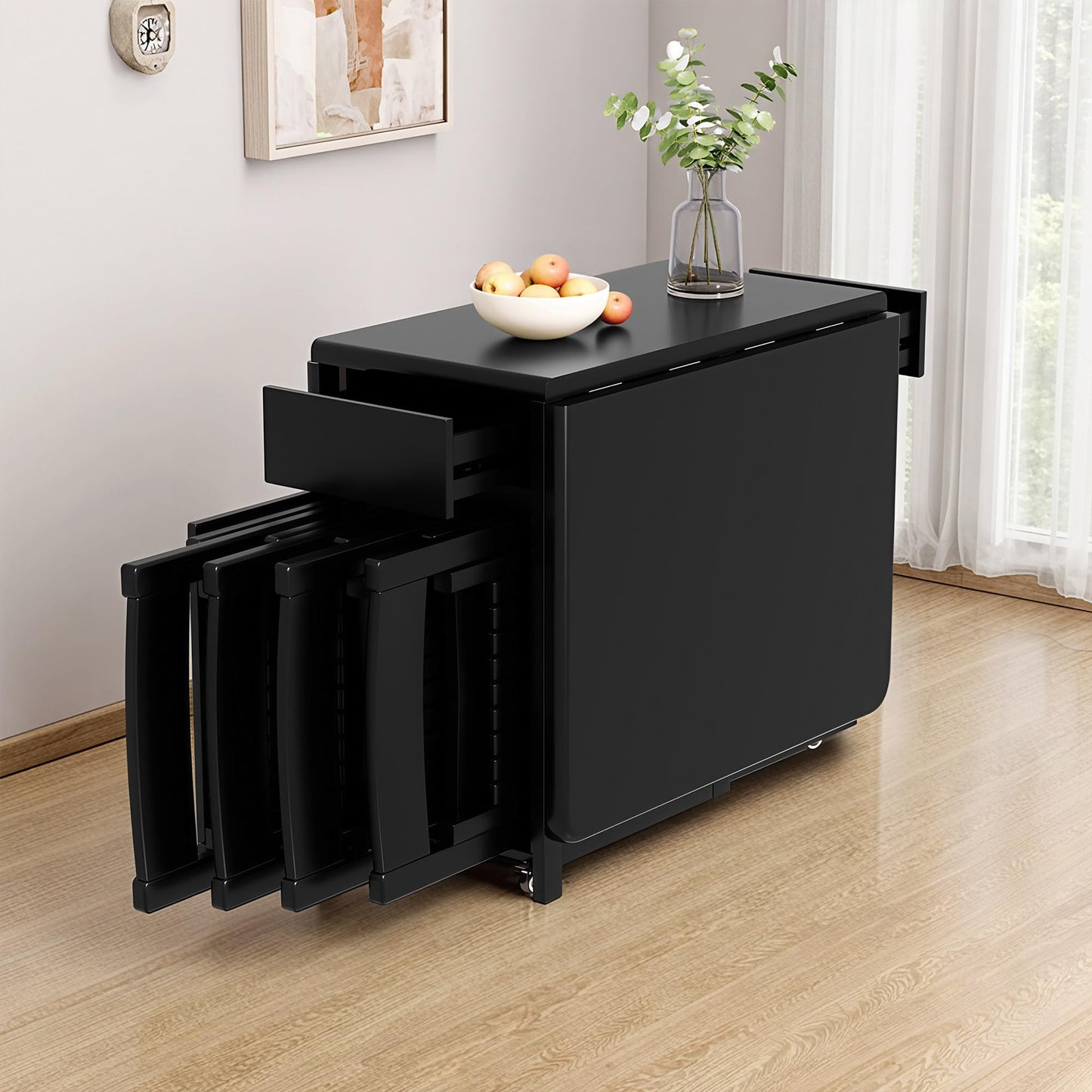 GildedGrove Solid Wood Folding Dining Table - Retro Black Finish with Wheels & Storage | Mobile Long Table for 4-6 People
