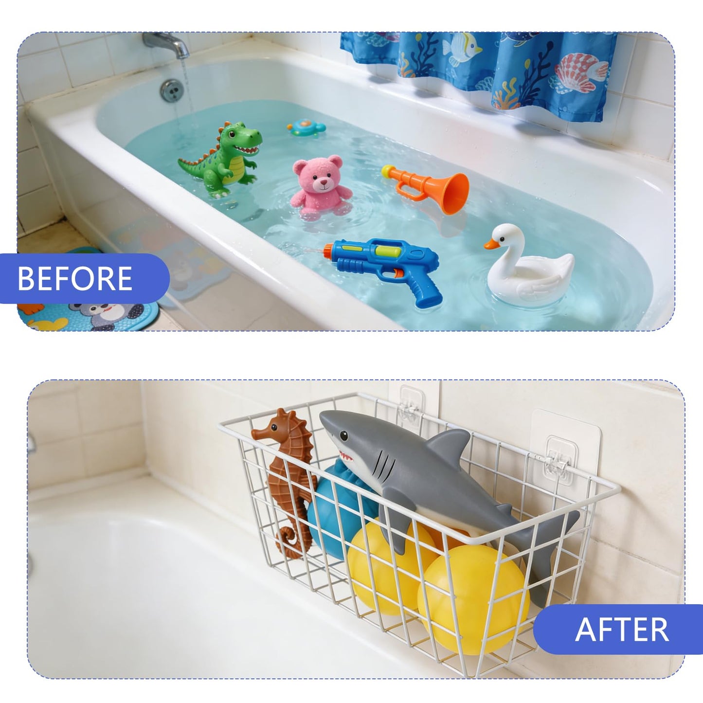 YEXEXINM 2 Pack Metal Storage Organizer, Hanging Mesh Shower Caddy with Adhesive Hooks for Bathtub, Large Bath Toy Holder for Storing Bath Toy