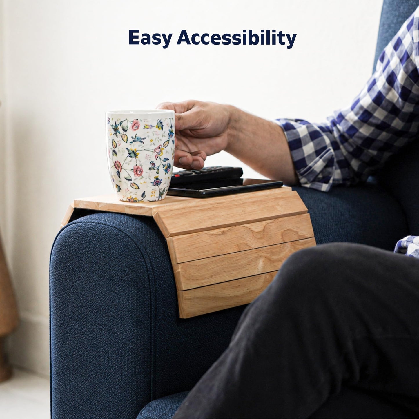 Sofa Arm Tray, Pack of 2 Foldable Couch Tray Wooden Armrest Tray, Sofa Tray & Organiser for Drinks, Snack, Magazine, and Remote (Hevea wood)