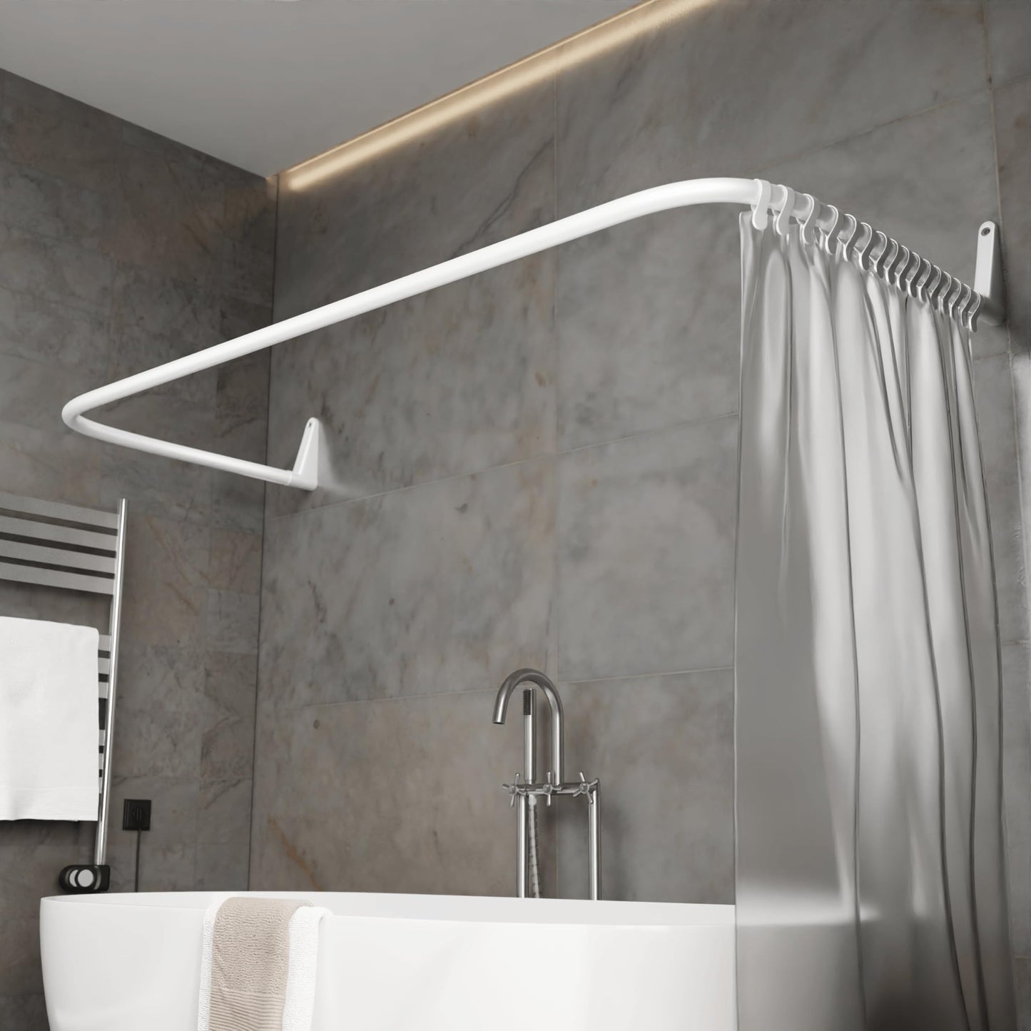 U-Shaped Shower Curtain Rod, 70 x 165 x 70 cm, Wall Mounted, Corner Shower Rod, No Ceiling Bracket, Powder-coated Steel, White