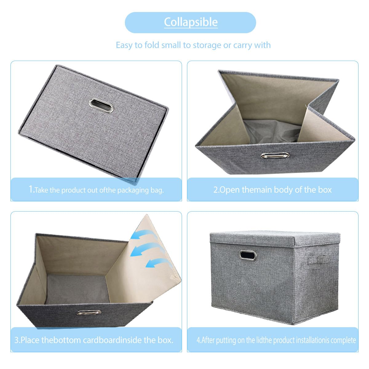 TempFoo Storage Boxes with Lids Fabric, 38 L Collapsible Grey Large