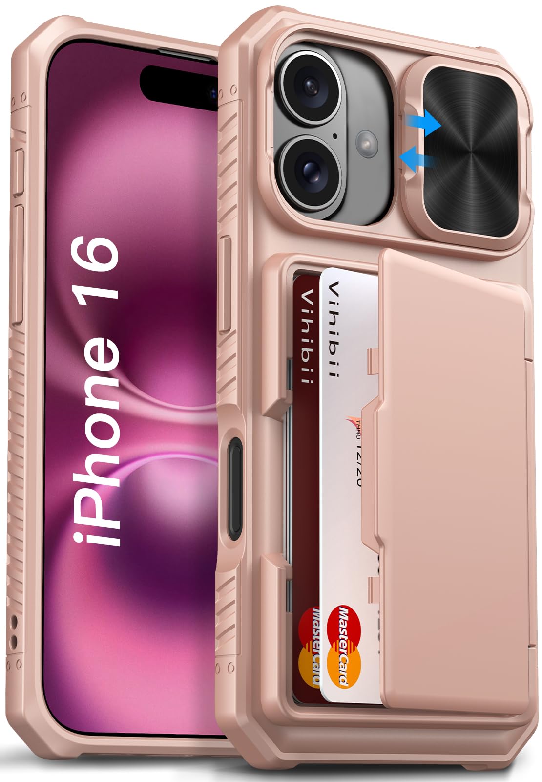 Vihibii for iPhone 16 Case Wallet with Card Holder (4 Cards) [RFID Blocking] & Slide Camera Cover, Military Grade Drop Protection, Rugged Back &