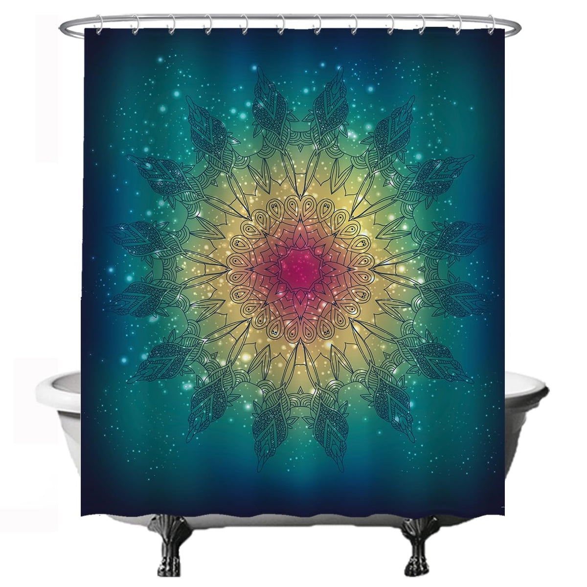 Ulticool Shower Curtain - Mandala Bohemian Gold Green Pink - 180 x 200 cm - Anti-Mould - Washable - Waterproof - with 12 Rings