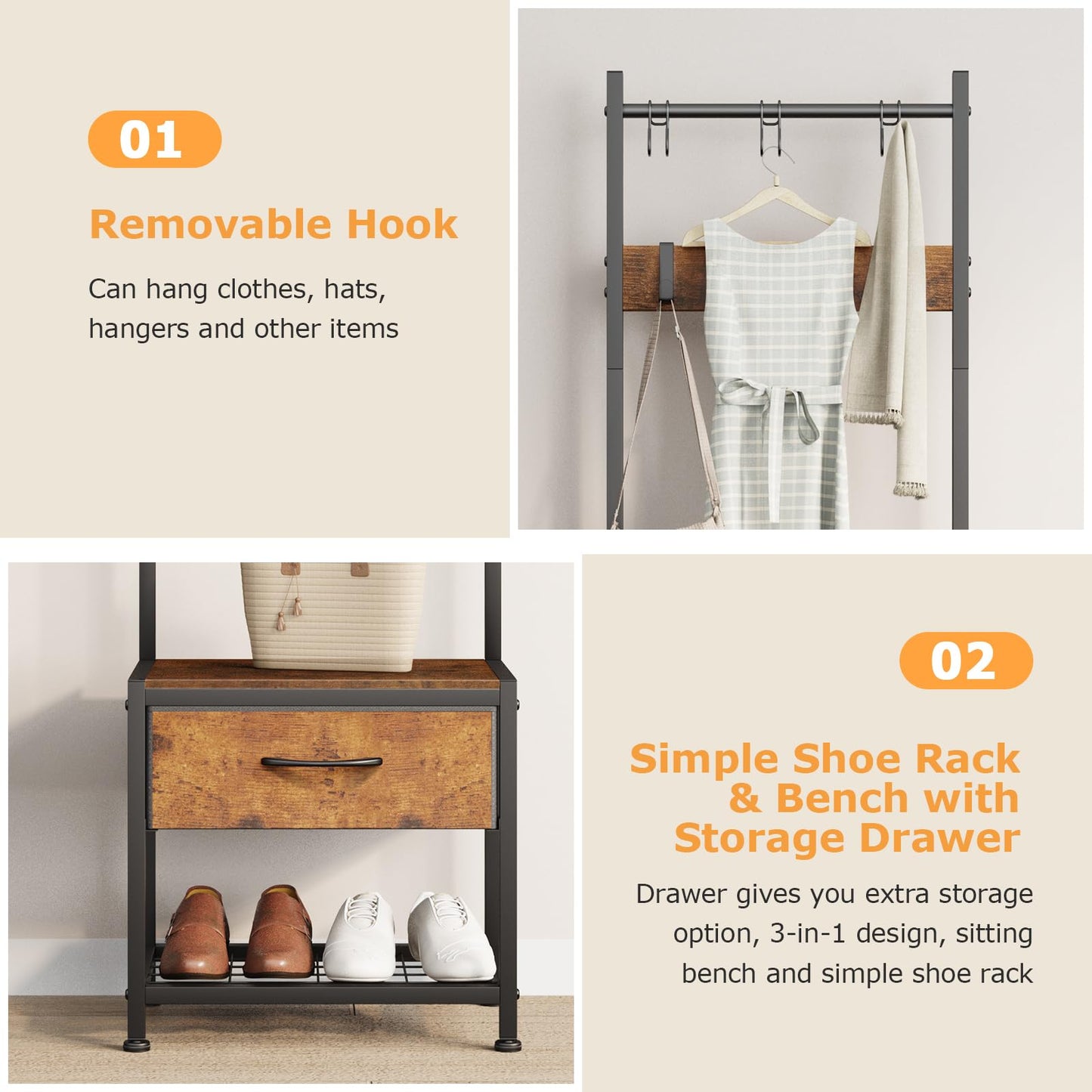Narrow Coat Rack rustic Hall Tree 17.7"x12"x60.7" Rustic Brown