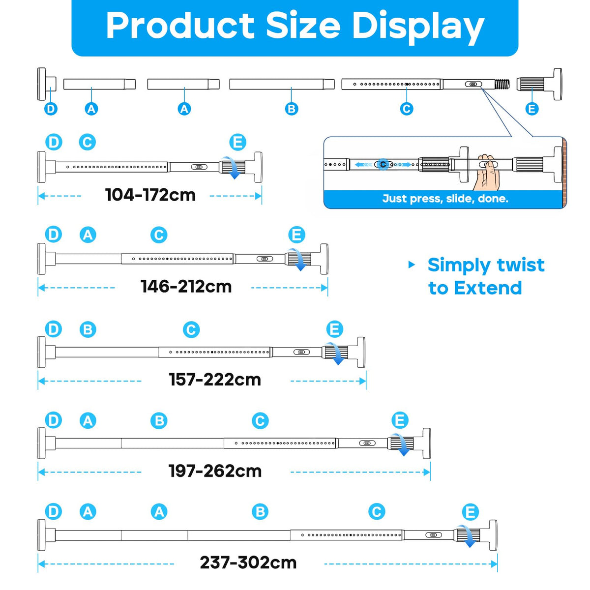 ZipGlo Extendable Shower Curtain Pole 104-302cm White Tension Curtain Rod