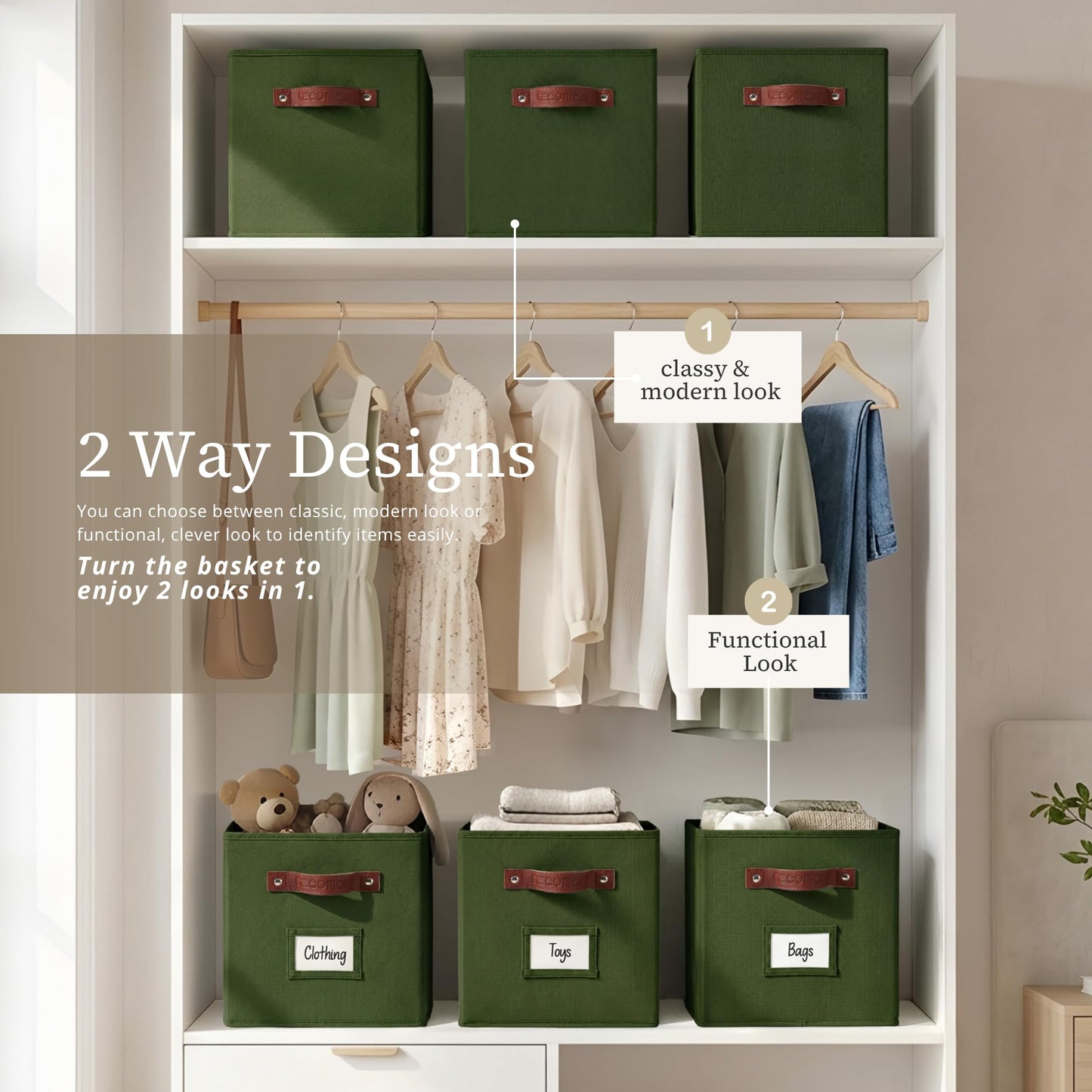 DECOMOMO Storage Baskets, 13x15x13 Storage Cube Bins with Labels for Organizing Shelves Kallax (Kallax / 4pcs, Olive Green)