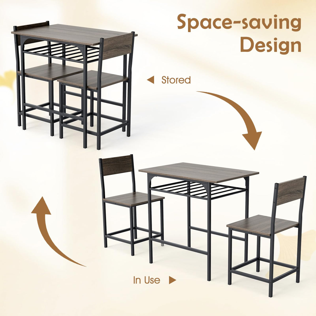 GiantexUK 3PCS Dining Table Set, Wooden Dining Table and Chairs with Storage Rack & Convenient Footrests
