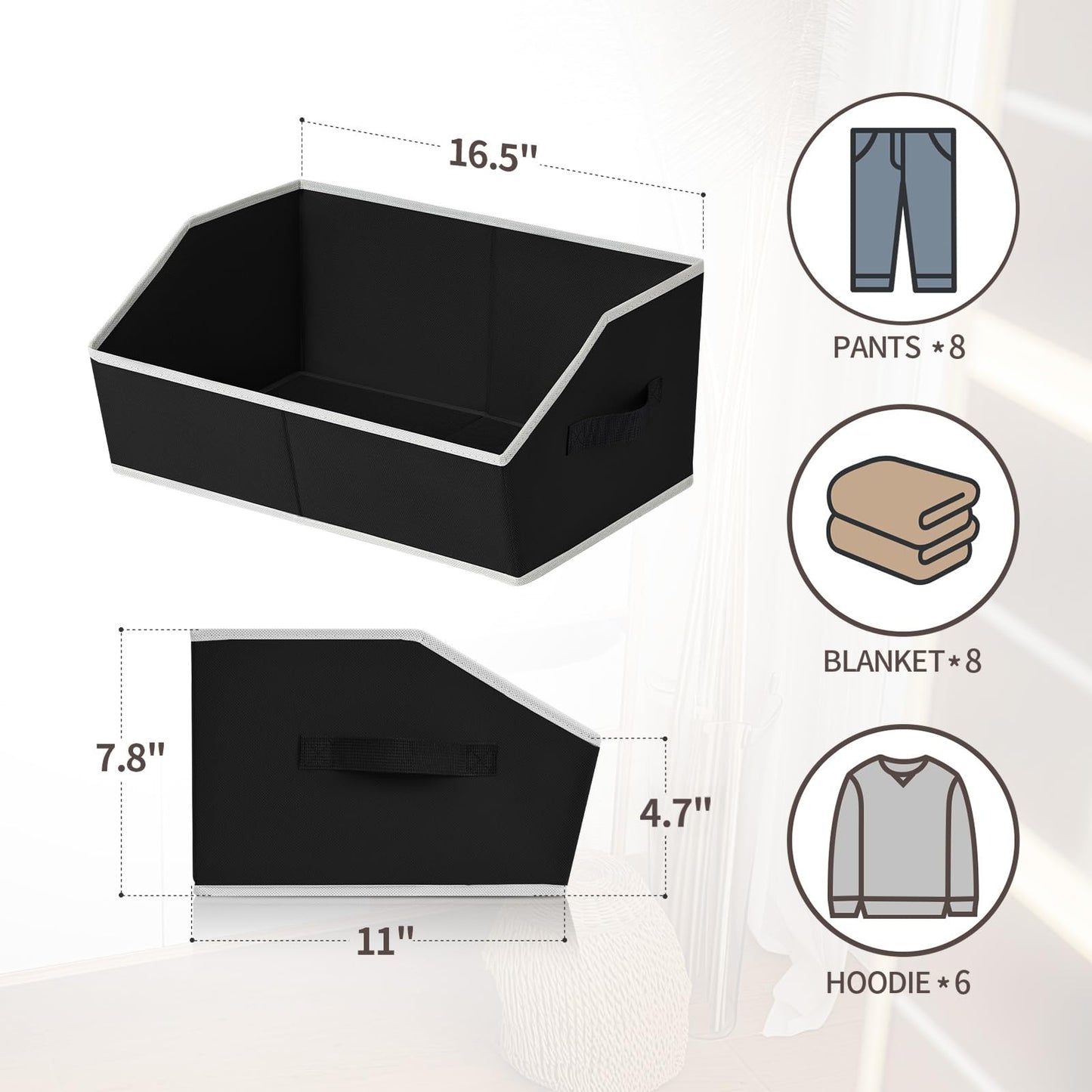 Homsorout Fabric Storage Boxes - 4 Pack Large Open Wardrobe Organiser Black