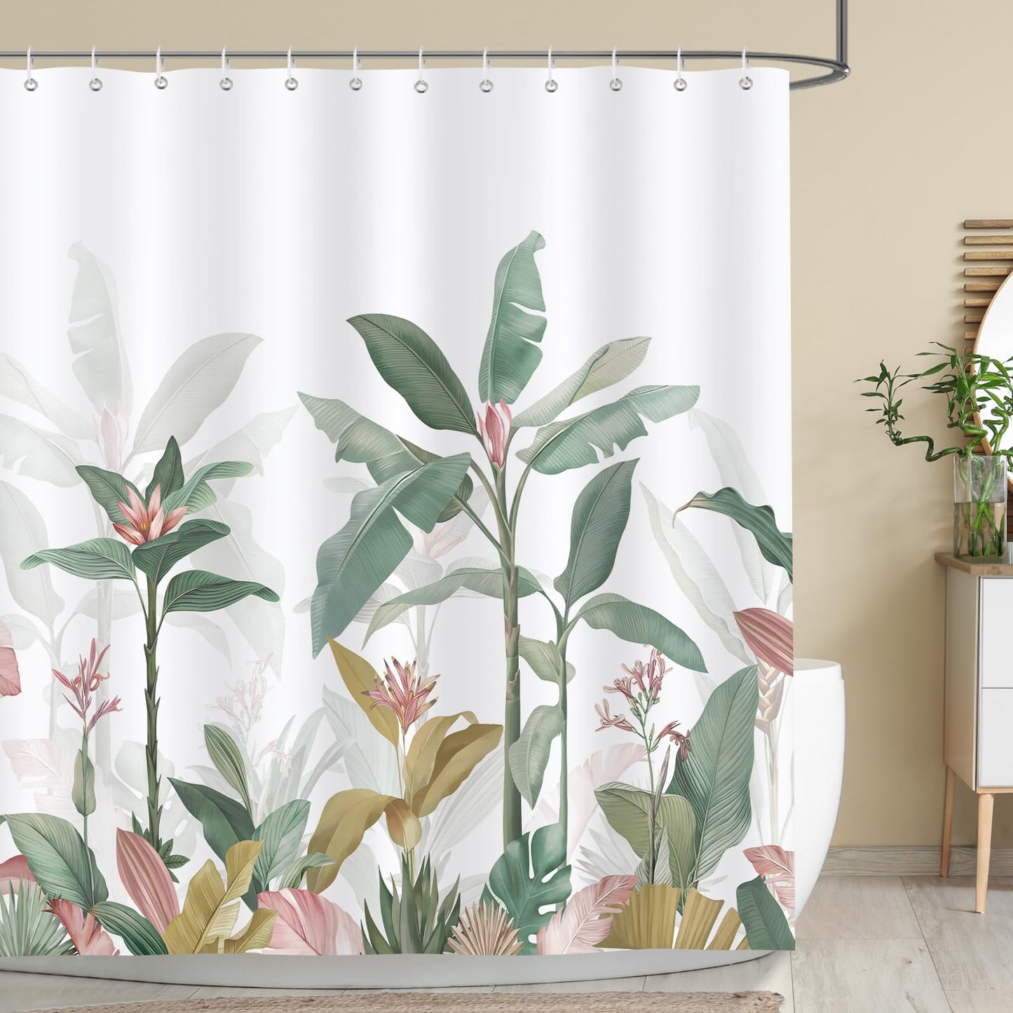 Bonhause Tropical Leaves Shower Curtain, Pink Green Banana Leaf Bathroom Curtain 180 x 180 cm Waterproof Mildew and Mould Resistant Polyester Fabric