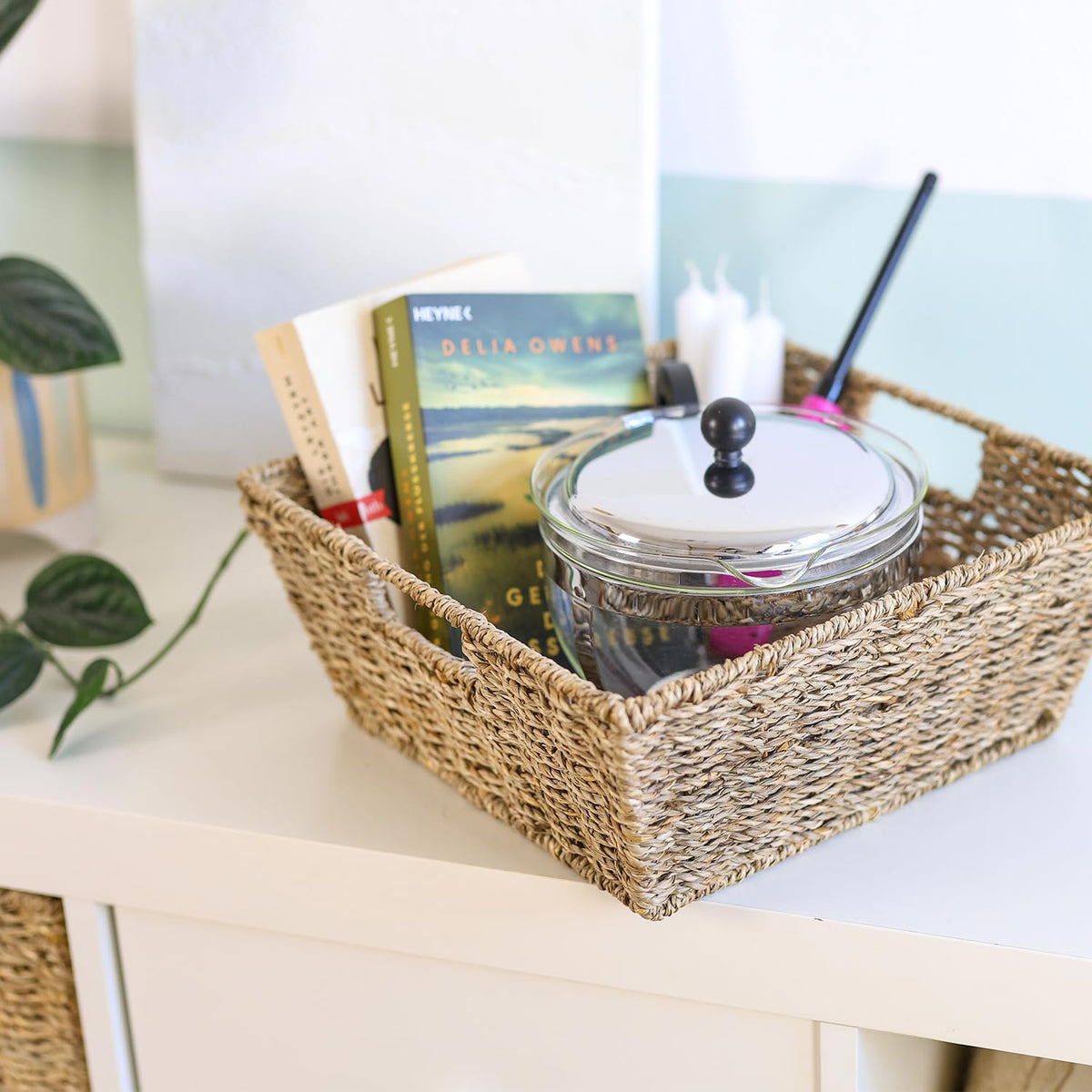 HMF Empty Gift Basket, Storage Basket, Braided Seagrass, Rectangular, 30 x 30 x 12 cm