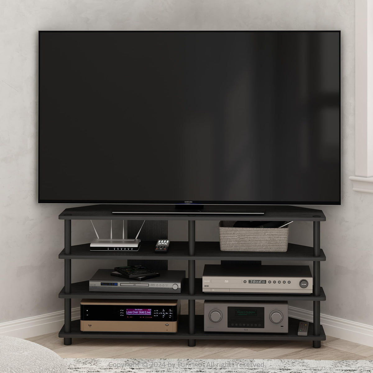 Furinno ECON TV Stand, 4-Tier Corner Entertainment Center, TV Console for TV up to 55 Inch, Easy Assembly, for Living Room, Bedroom, Blackwood