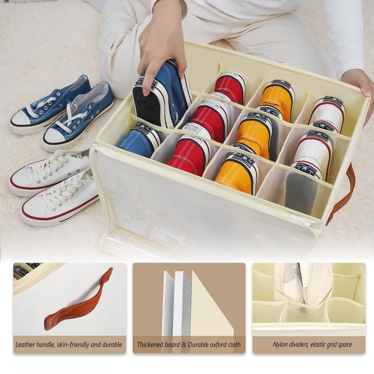 Patinao 3 Pack Shoe Storage Box Organiser for Closet - 36 Cell Space Saver Shoes Containers Bin with Clear Lids Stackable, Can Fit Ottoman, Foldable