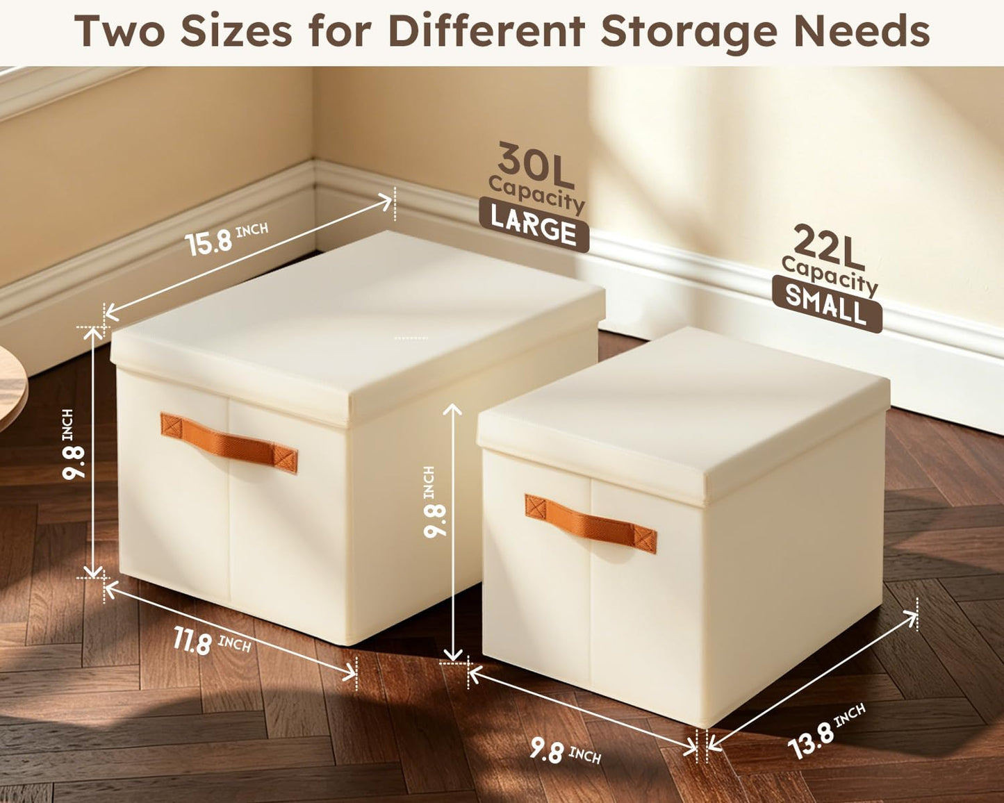 Fabric Storage Boxes with Lids - 4 Pack Dustproof Wardrobe Organiser Beige