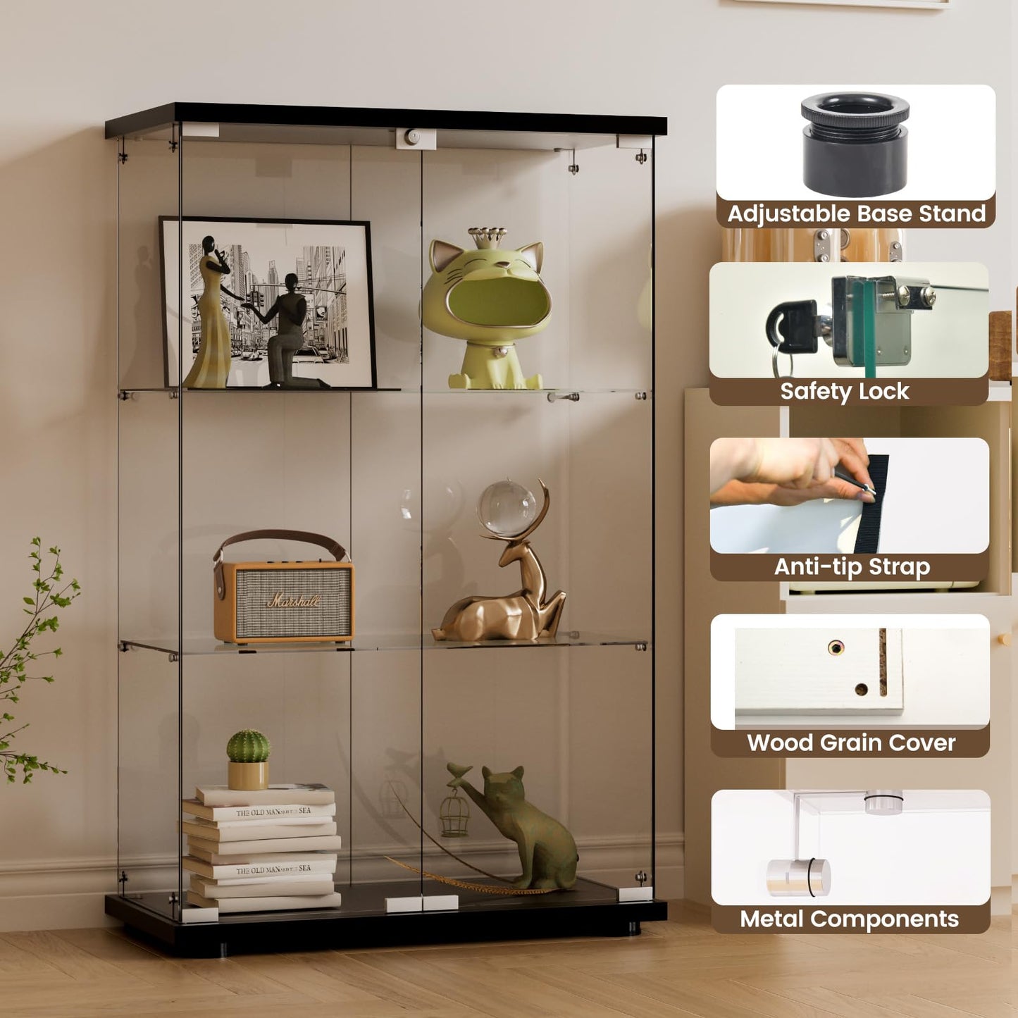 Beauty4U 3-Shelf Double Door Glass Display Cabinet, 125cm Tall, Black