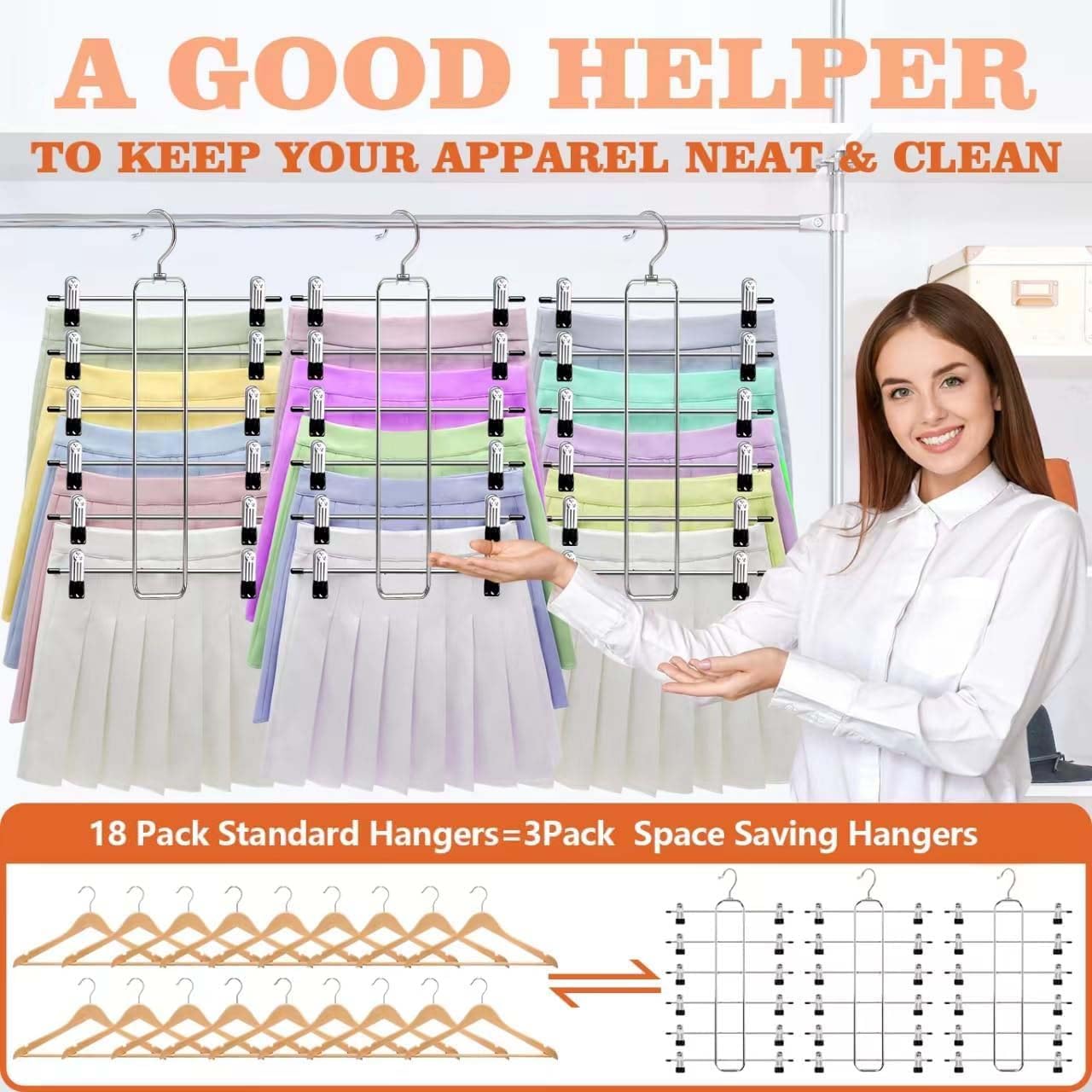 ABCHCHS Pants Hangers with Clips - Space Saving Hanging Closet Organizer and Storage - 6 Tiers Skirt Hangers with 360° Swivel Hook