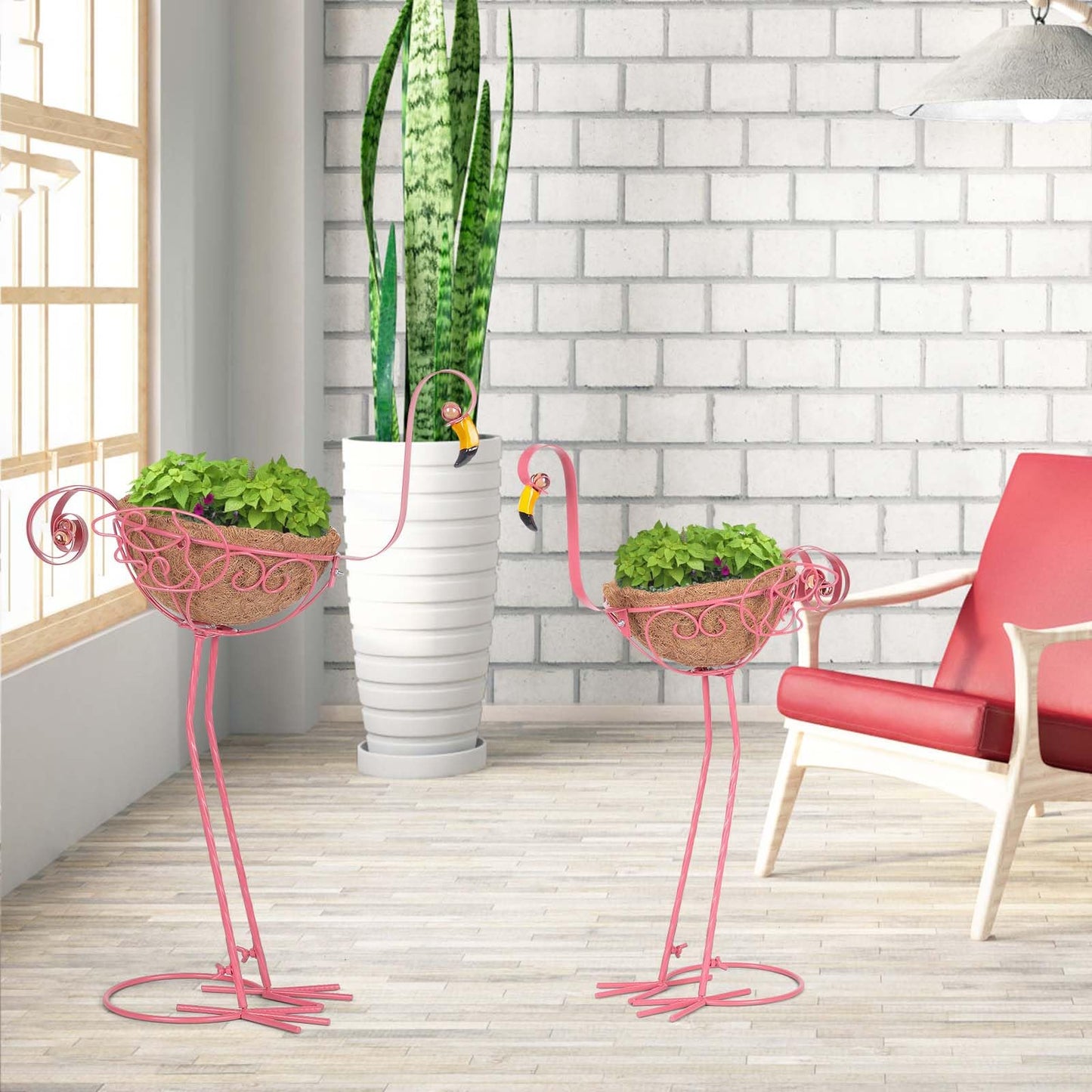 Kikth Set of 2 Flamingo Garden Bird Planters, Outdoor Flamingo Yard Decoration with Basket, Pink Flamingo Patio Metal Planter for Garden, Yard, Lawn,