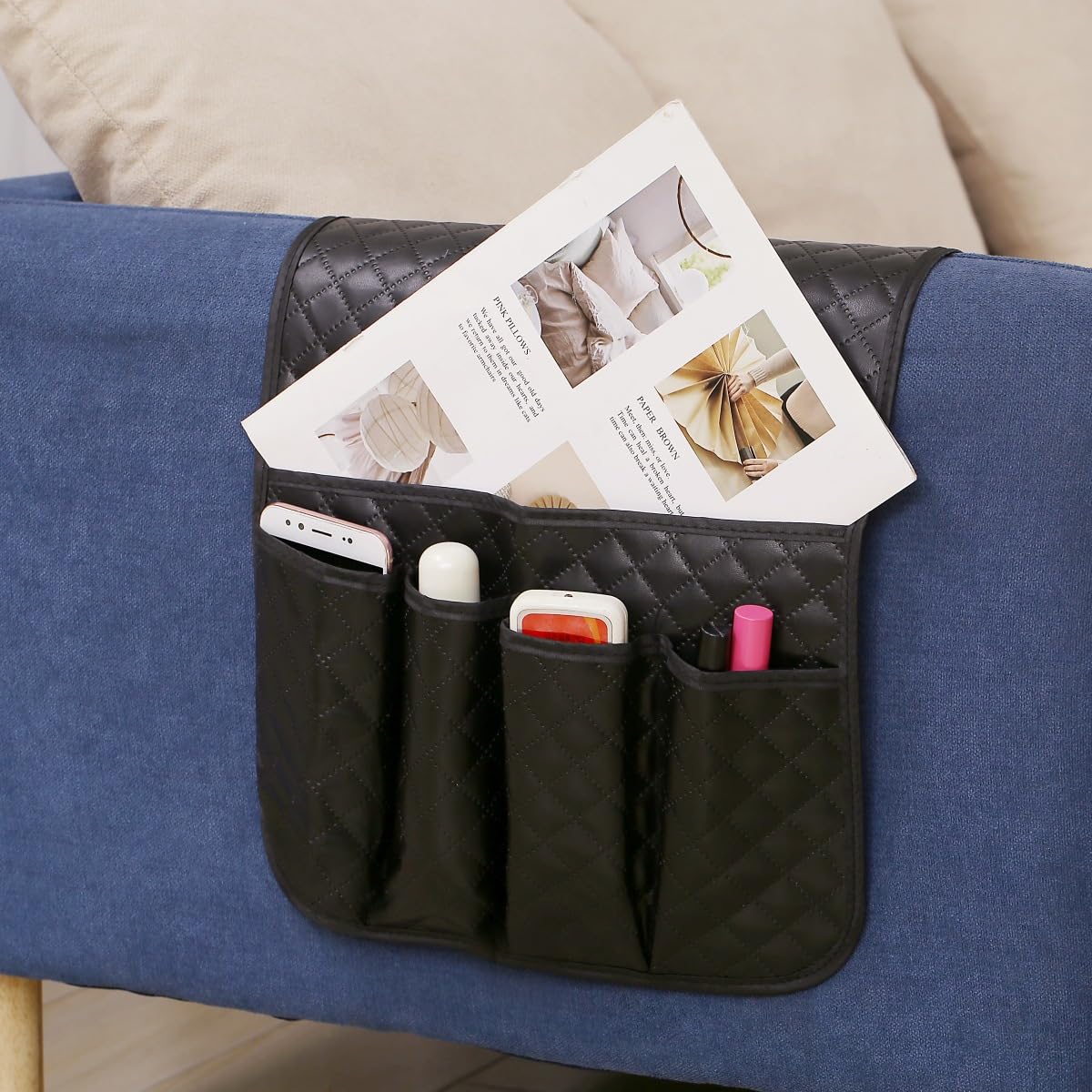 Hosoncovy PU Leather Sofa Armrest Organizer Couch Arm Storage Bag Sofa Arm Couch Caddy Anti-Spill Armrest Remote Control and Cellphone Organizer