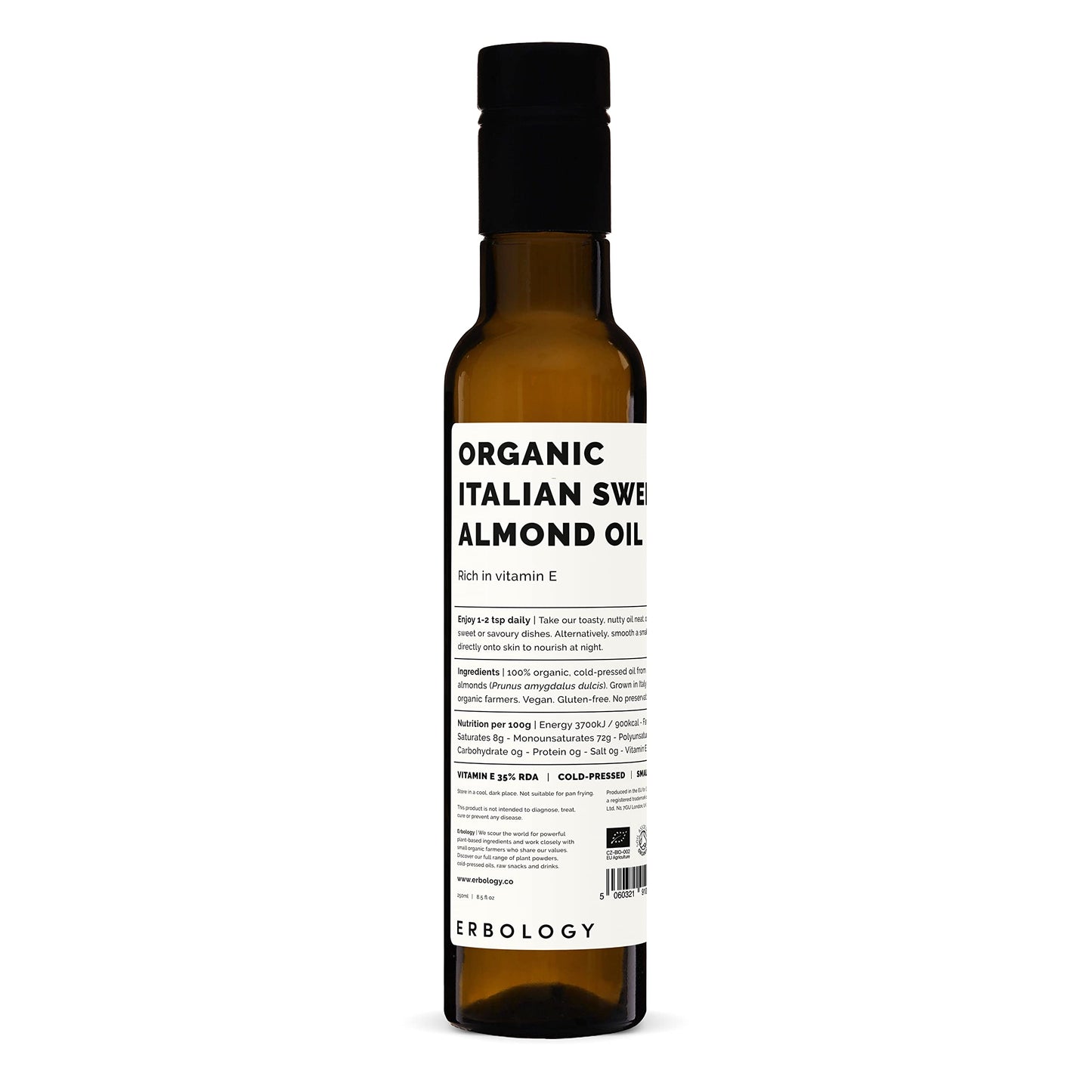Erbology Organic Sweet Almond Oil 250ml - Cold-Pressed - Rich in Skin-Nourishing Vitamin E - Straight from Farm in Italy - Non-GMO - No Additives or