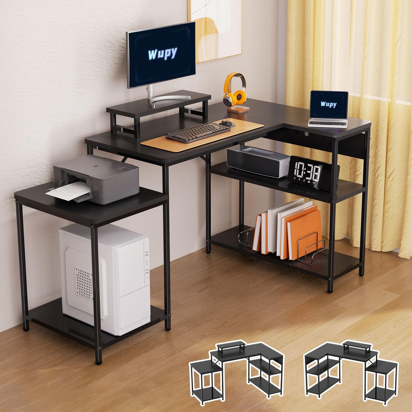 WUPY L Shaped Desk, Corner Desk with Monitor Stand, 152x80 cm Computer Desk Office Desk for Home Office with Large Reversible Storage Shelves
