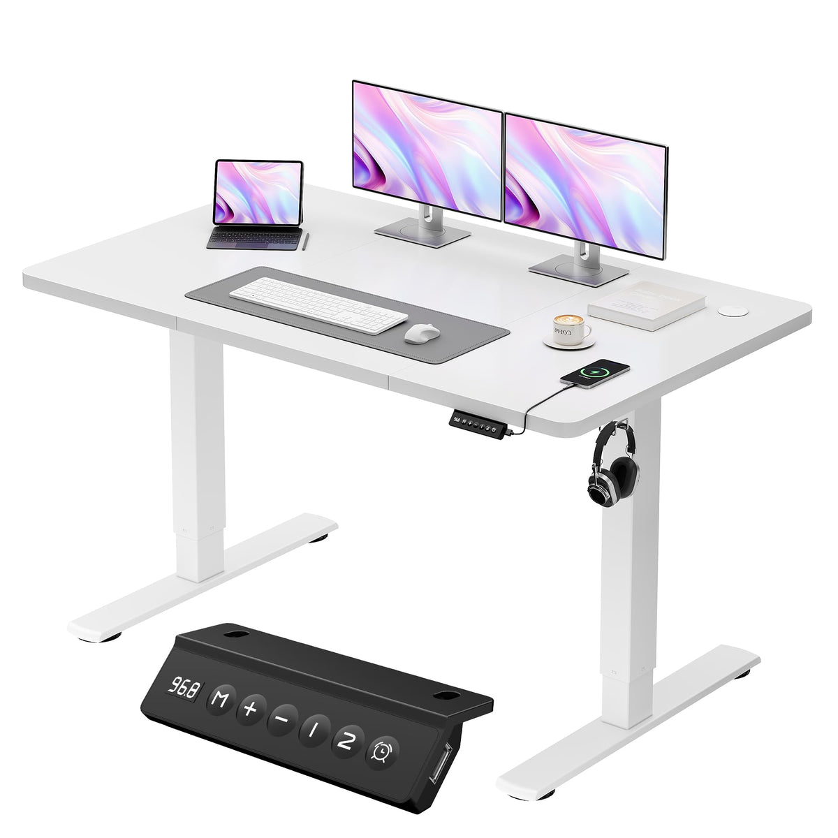 JUMMICO Electric Standing Desk 120x60cm – Height Adjustable with USB Charging, Sedentary Reminder, Memory Heights for Home Office Use, White