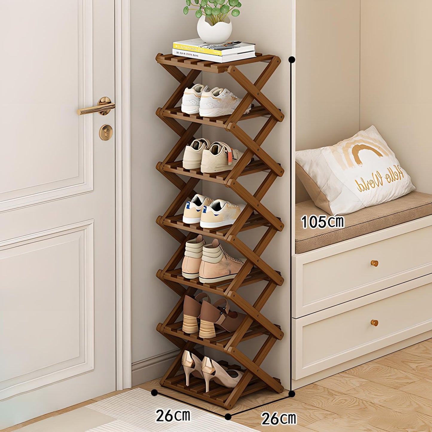 Kiss Me Bamboo Folding 7-Tier Narrow Tall Shoe Rack Portable Brown