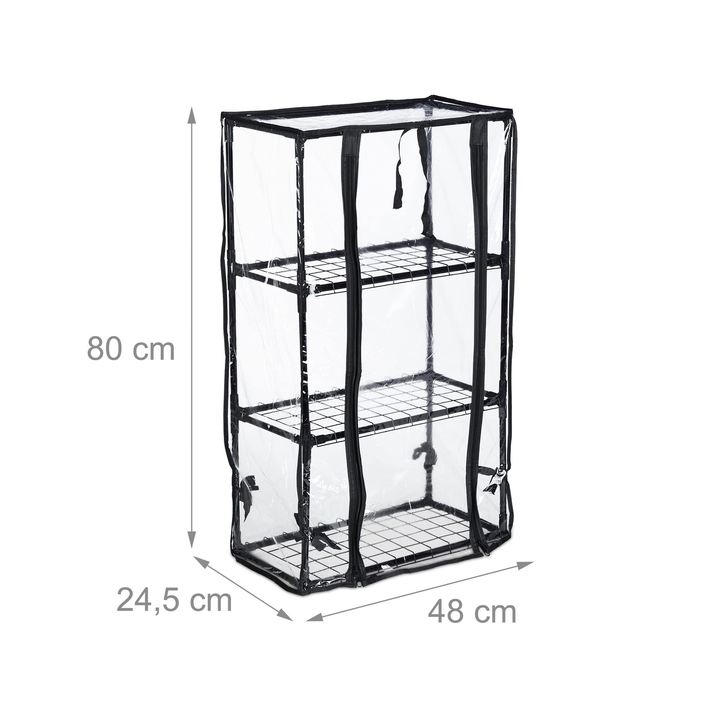 Relaxdays Greenhouse For Balcony, PVC Film , Steel, HxWxD: 126 x 59 x 37 cm, Propagator 3 Levels, Black/Transparent
