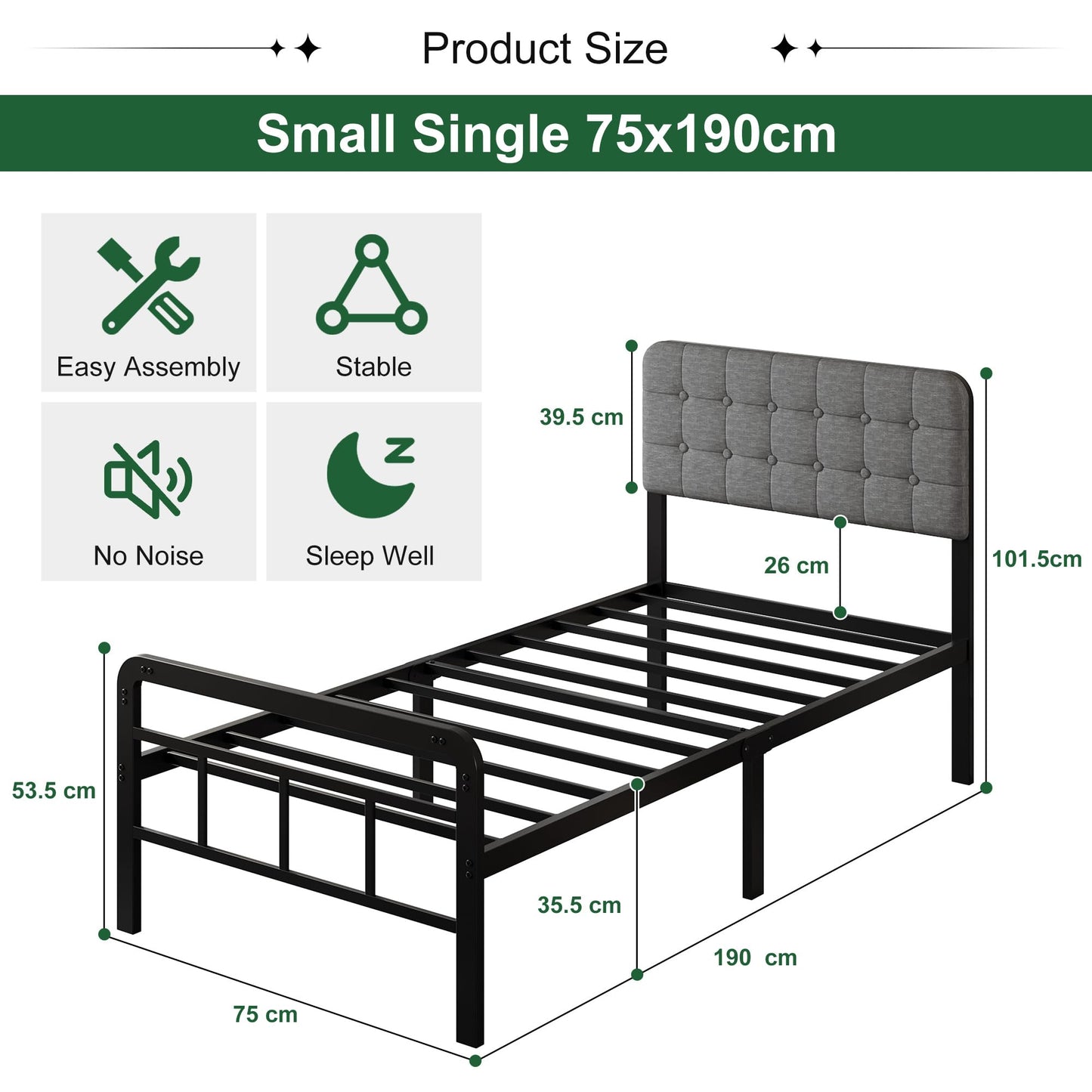 EMODA Small Single Bed Frame with Upholstered Headboard and Footboard