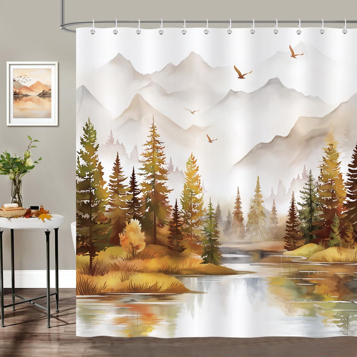 Bonhause Misty Forest Shower Curtain, Orange Pine Tree Woodland Nature Bathroom Curtain 180 x 180 cm Waterproof Mildew and Mould Resistant Polyester