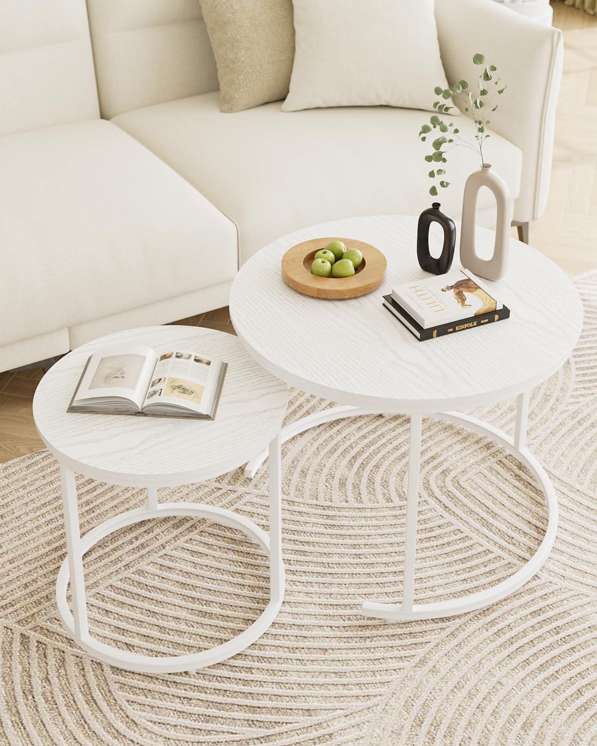 HEYZOEY Round Coffee Tables, Removable Set of 2 End Table, Nesting Tables with White Metal Frame Legs and Wooden white Top for Living Room, Bedroom