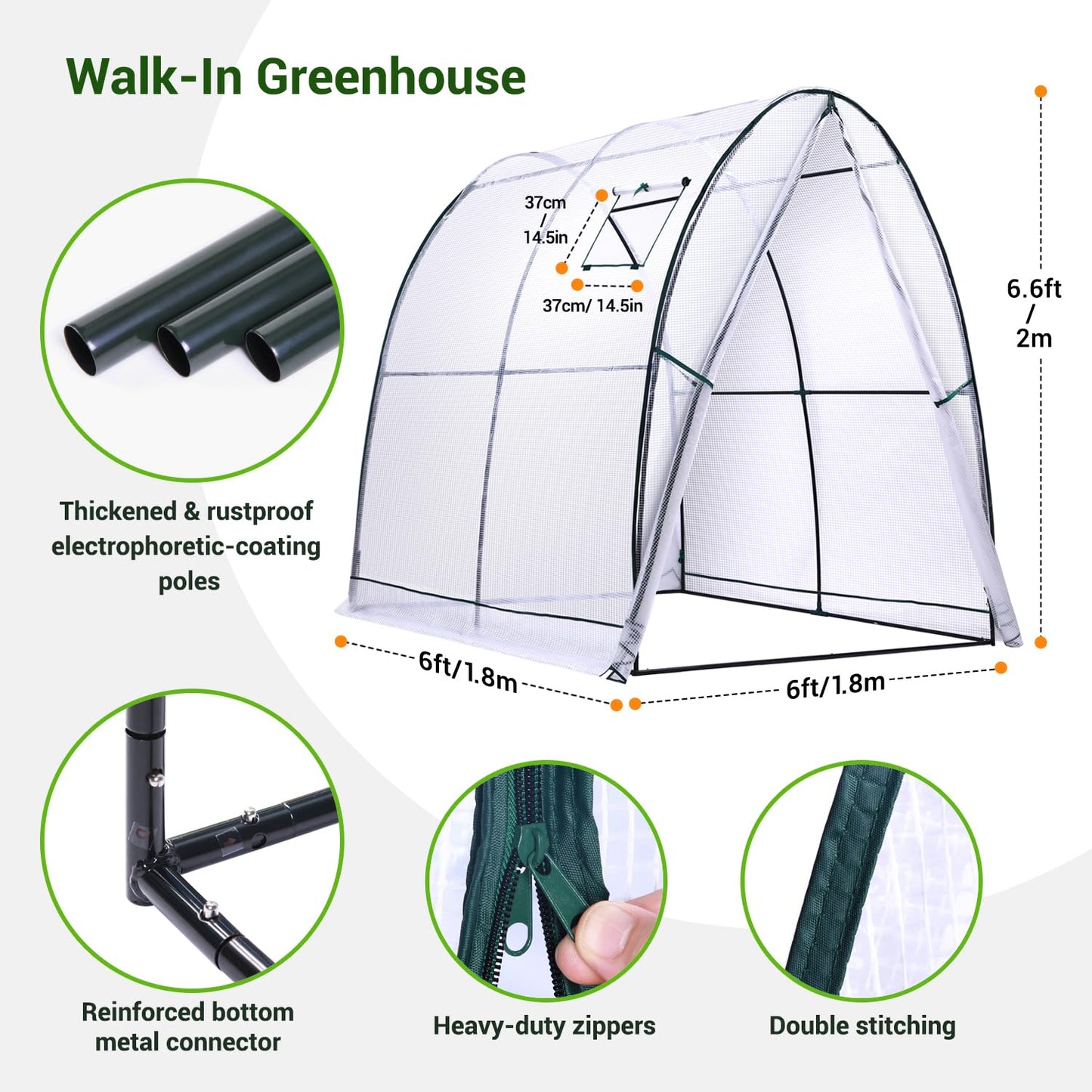 Ohuhu Portable Tunnel Greenhouse Outdoor: Heavy Duty Walk in Green House with Mesh Windows Durable Plastic PE Cover for Outside, 1.8x1.8x2m, White
