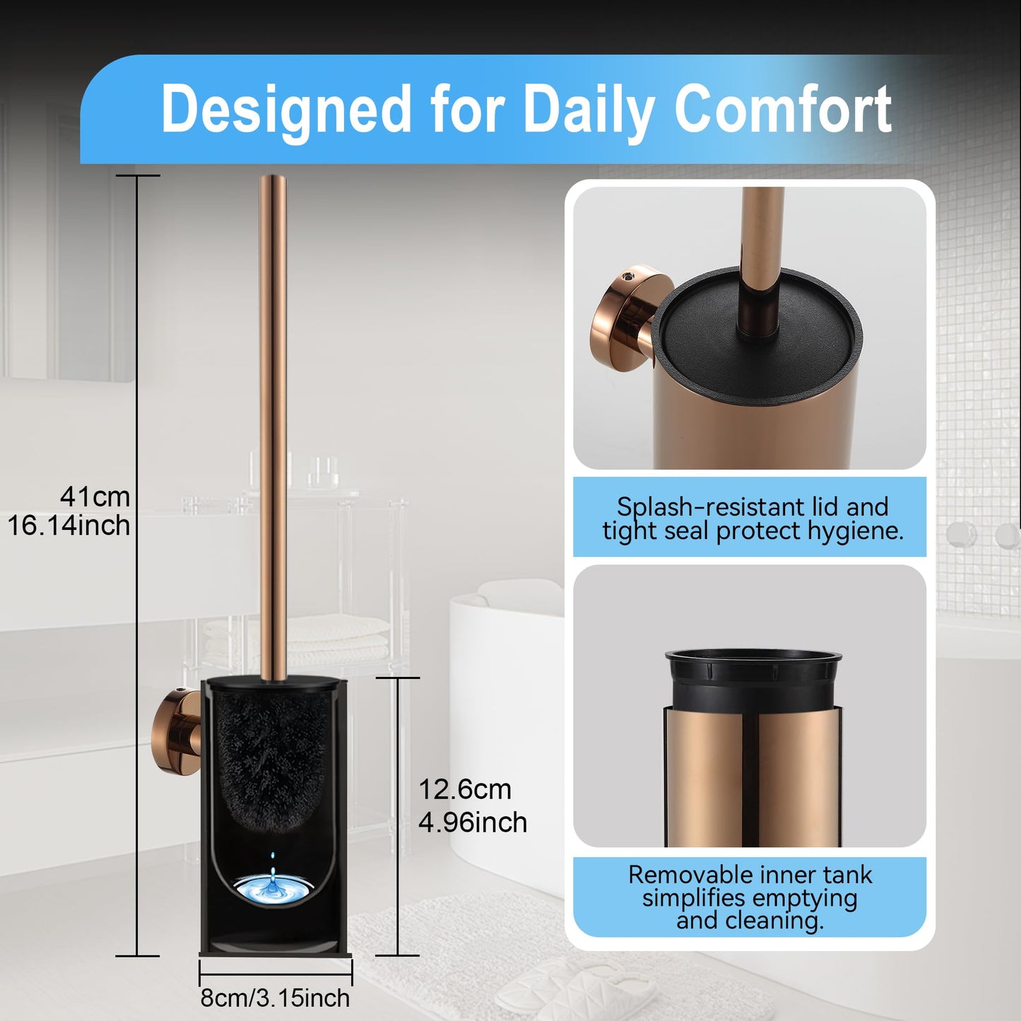 BGL 304 Stainless Steel Toilet Brush with Round Wall-Mounted Holder, Rose Gold, Rust-Resistant, Hygienic Drip Tray, for Bathroom or Hotel