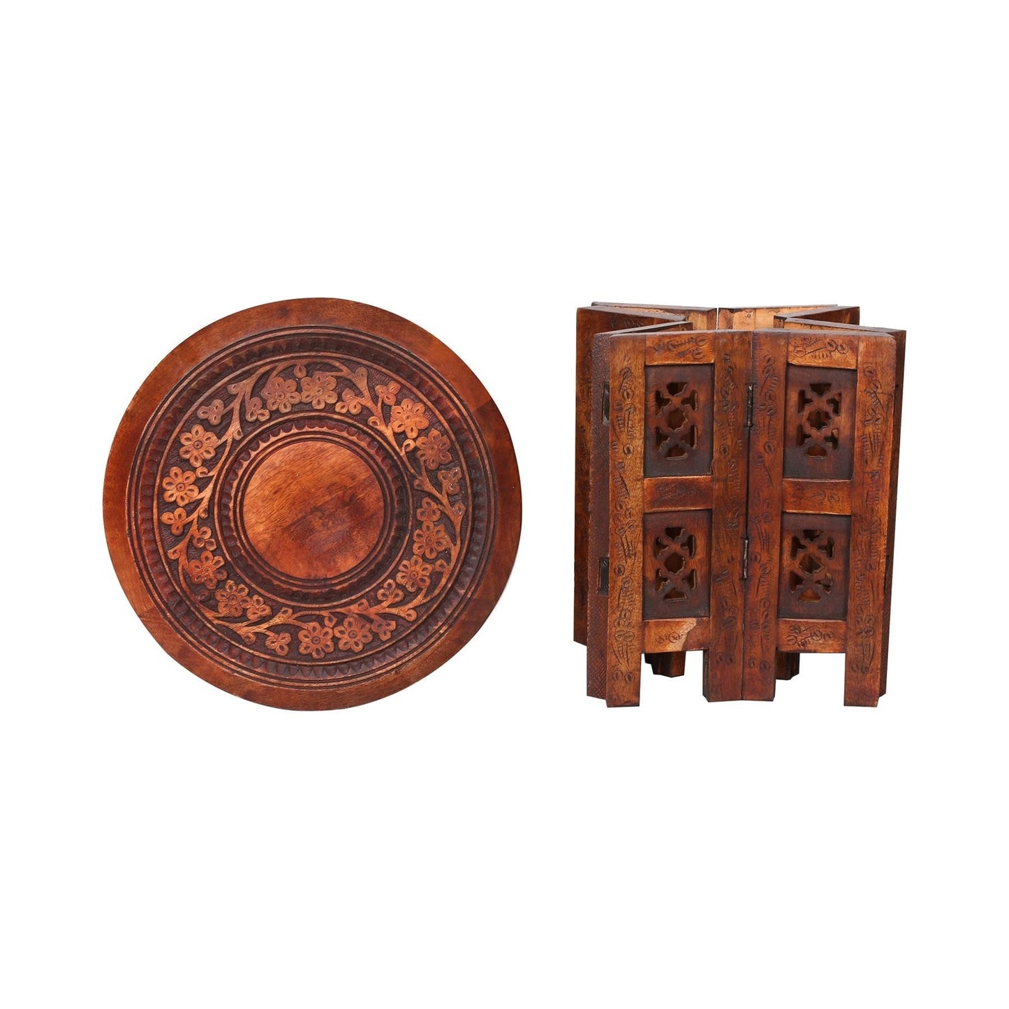 topfurnishing Beautiful Round Hand Carved Indian Shesham Wooden Coffee Table Side [Mahogany,Small 12"x12"x12" 30.5cm]