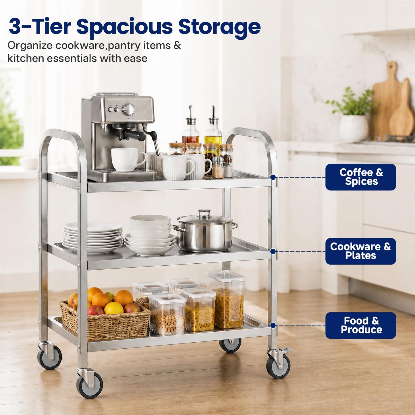 3 Tier Stainless Steel Cart, Rolling Catering Storage Cart (75×40×83cm)