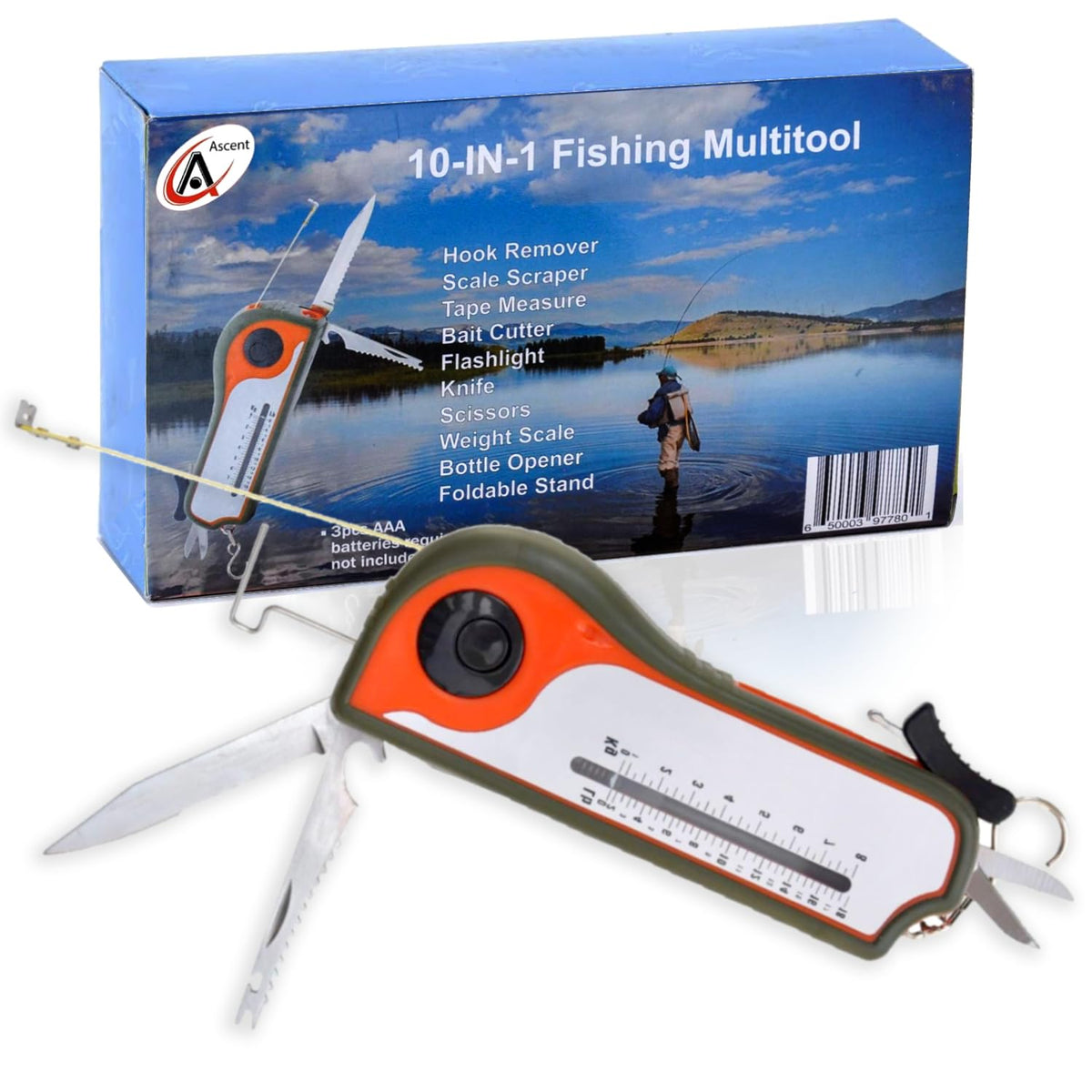 Fishing Gift Tool Fisherman Multitool - Hook Remover, Scale Scraper, Tape Measure, Bait Cutter, Flashlight, Scissors, Weight Scale, Bottle Opener,